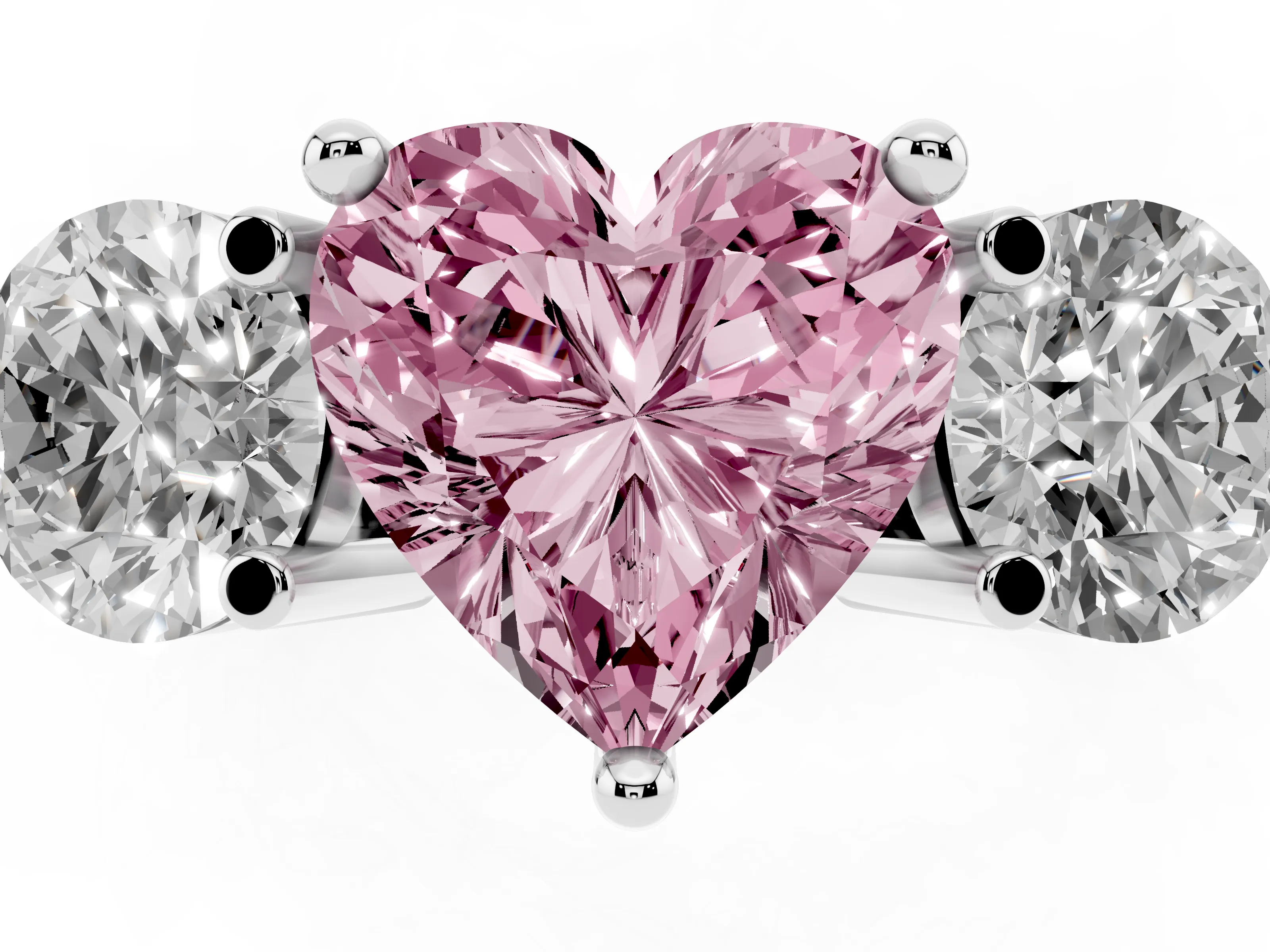 Fancy Pink Heart Cut Diamond Three-Stone Ring Set in White gold with Prong Setting and Classic Band
