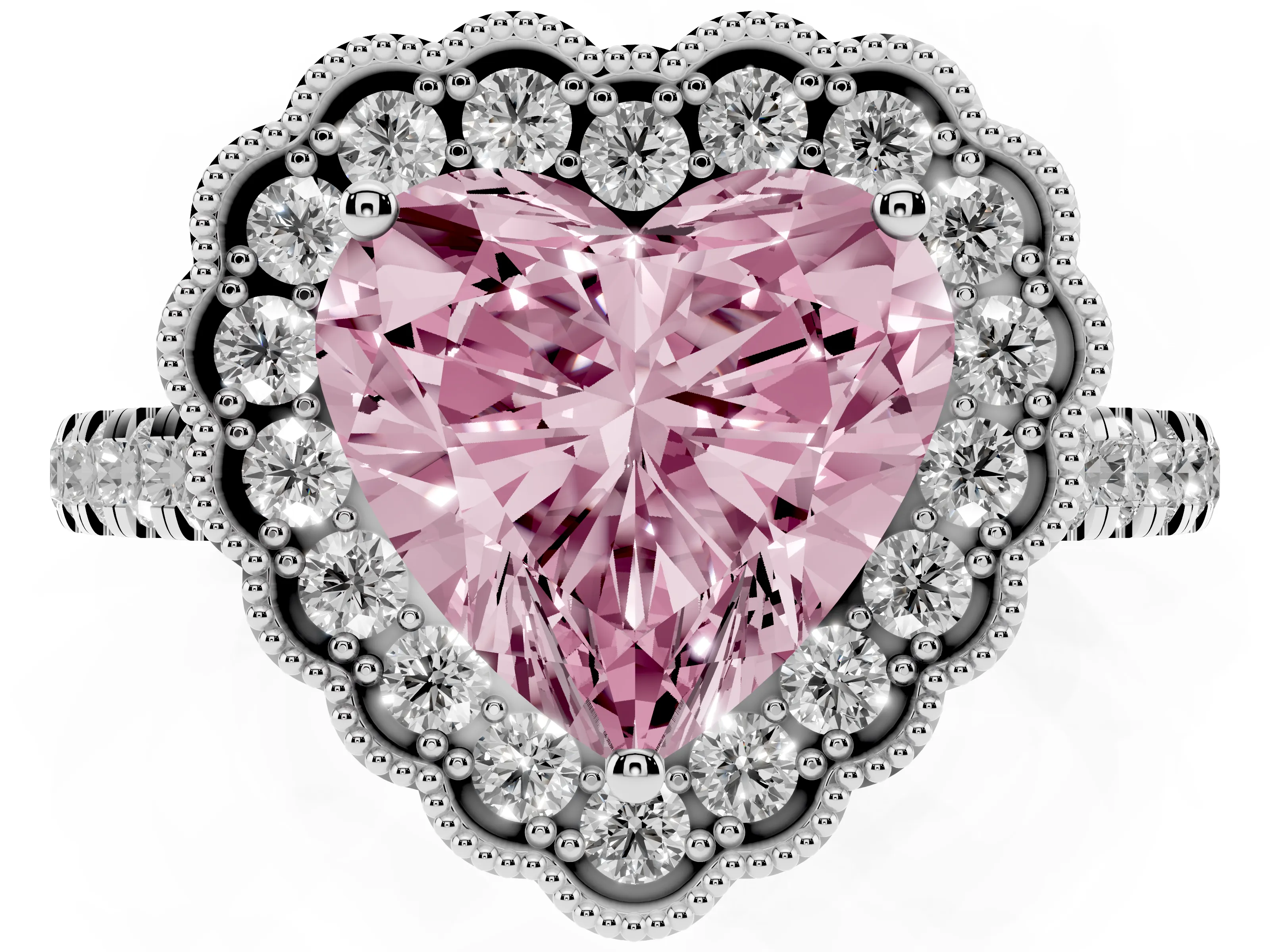 Fancy Pink Heart Cut Diamond Milgrain Floral Halo Engagement Ring Set in White gold with Pavé Band