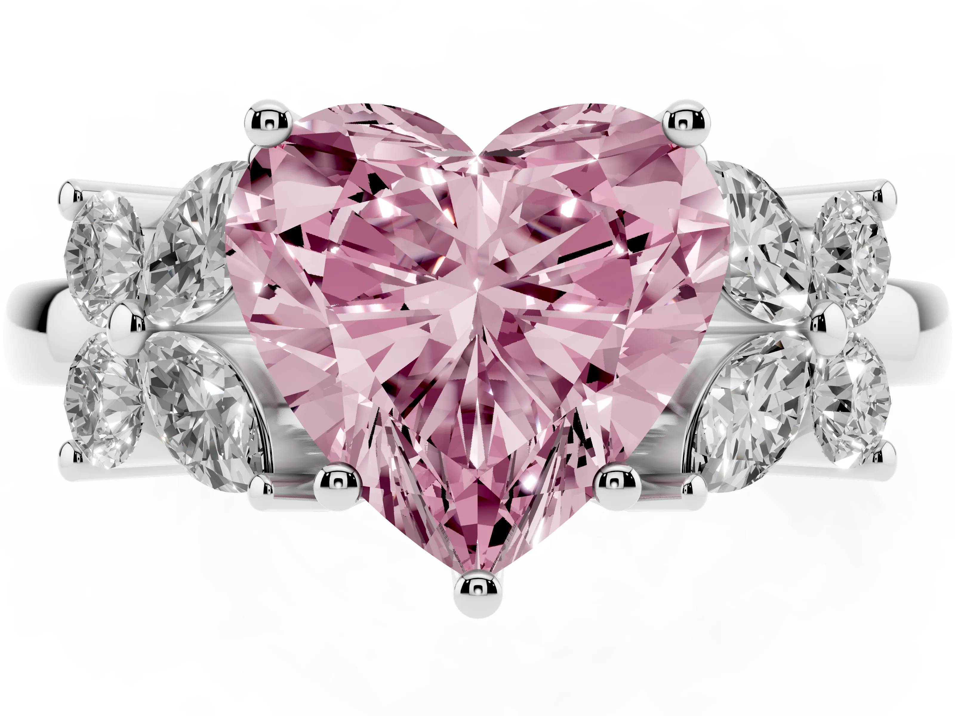 Fancy Pink Heart Cut Diamond Floral Cluster Ring Set in Platinum with Marquise Petals and Prong Setting