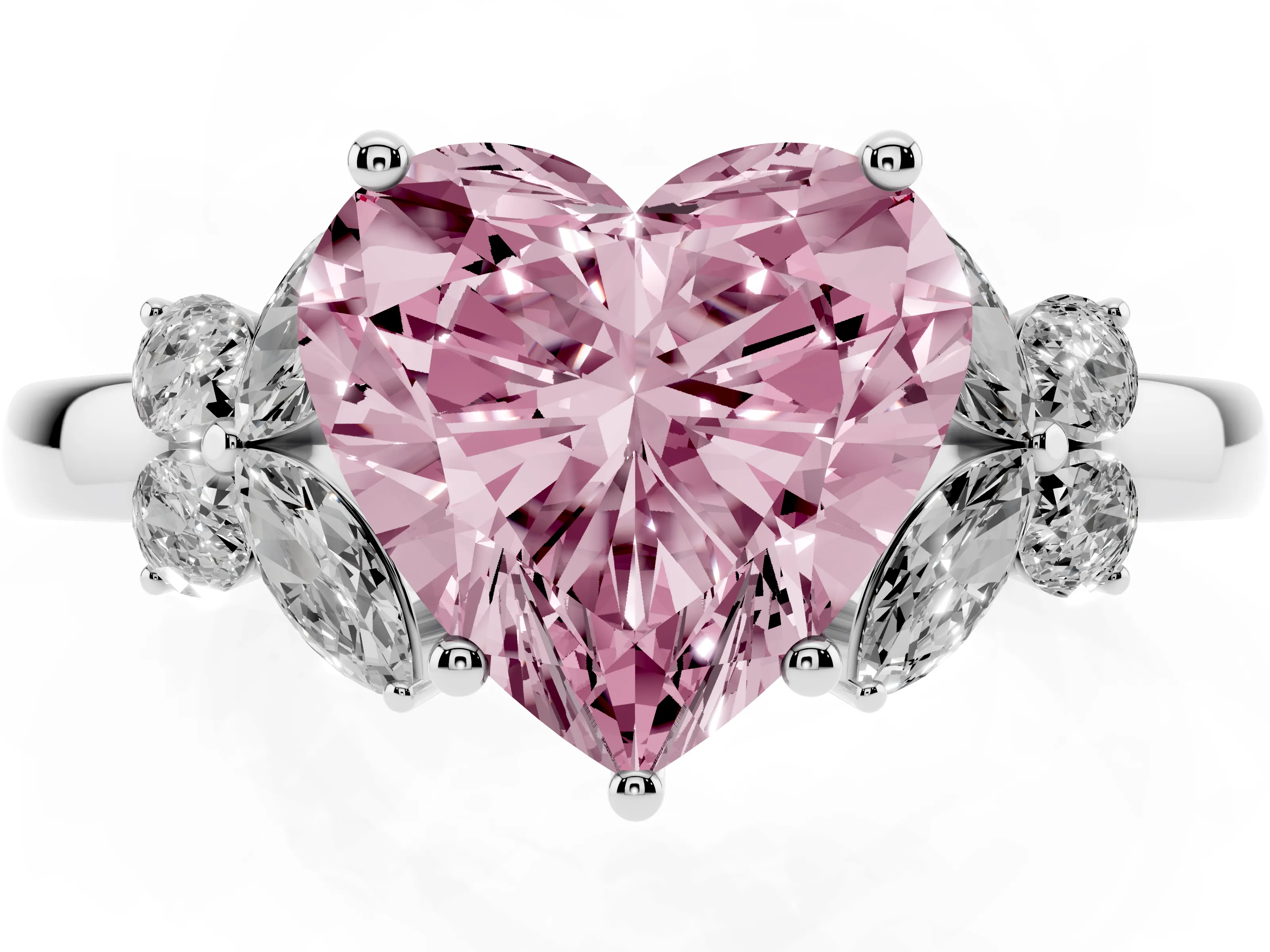 Fancy Pink Heart Cut Diamond Solitaire Floral Ring Set in Platinum with Marquise Petals and Prong Setting
