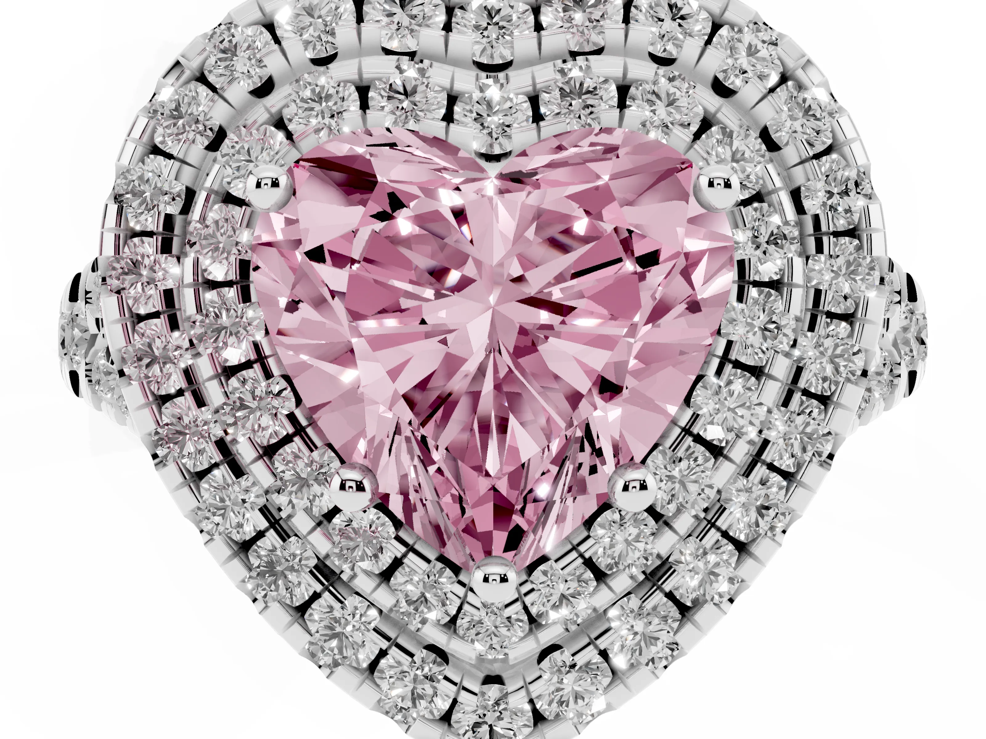 Fancy Pink Heart Cut Diamond Double Halo Ring Set in White gold with Pavé Split Shank and Prong Setting