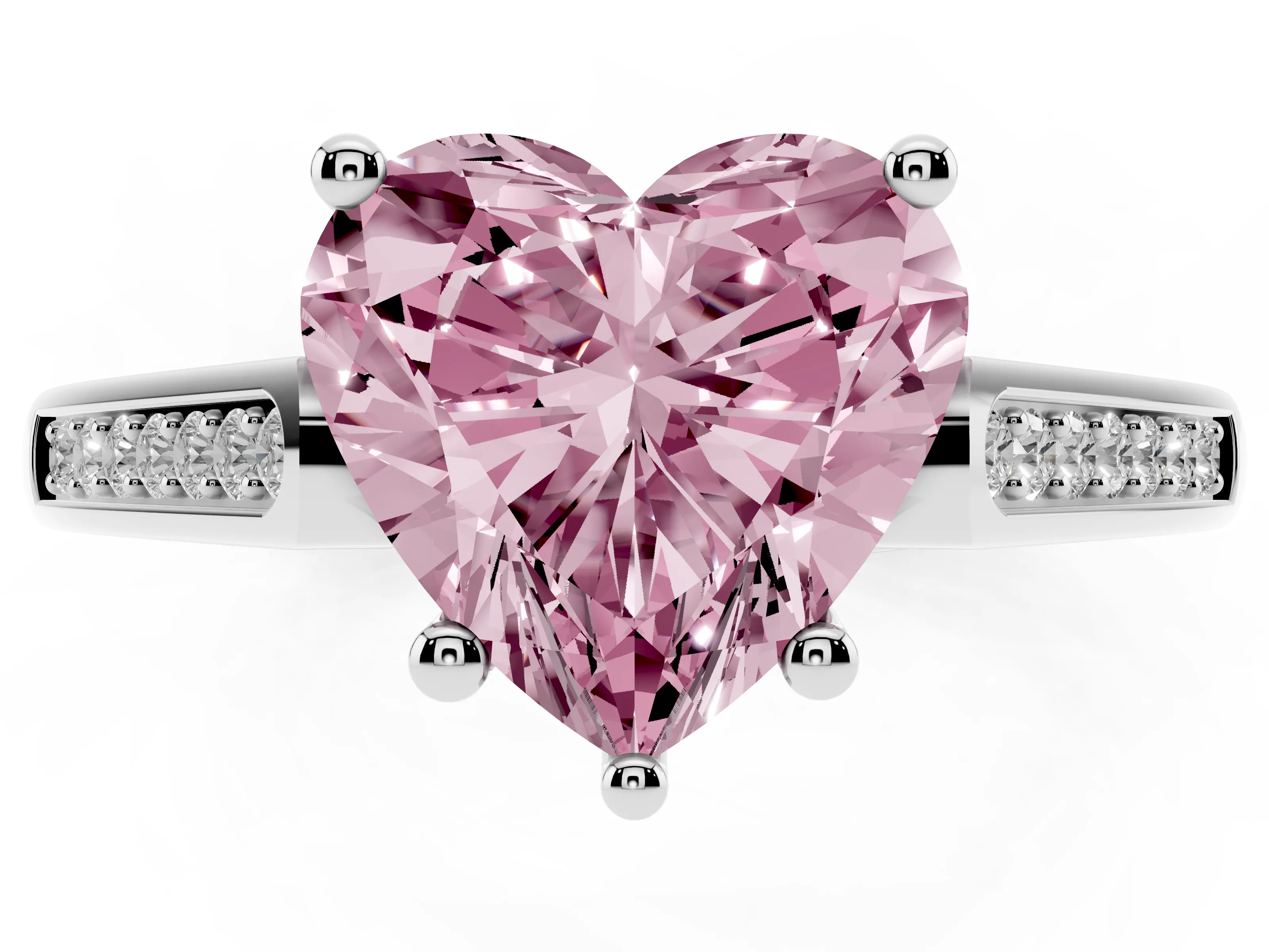 Fancy Pink Heart Cut Diamond Solitaire Cathedral Engagement Ring Set in White gold with Channel-Set Band and Prong Setting