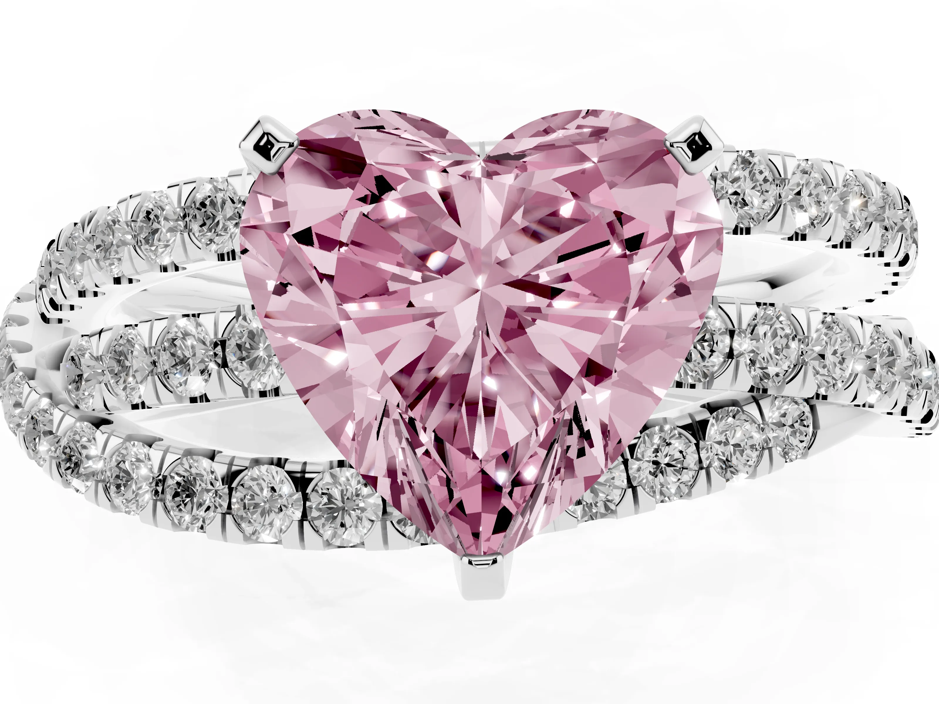 Fancy Pink Heart Cut Diamond Solitaire Twist Band Ring Set in Silver with Pavé Setting and Prong Head