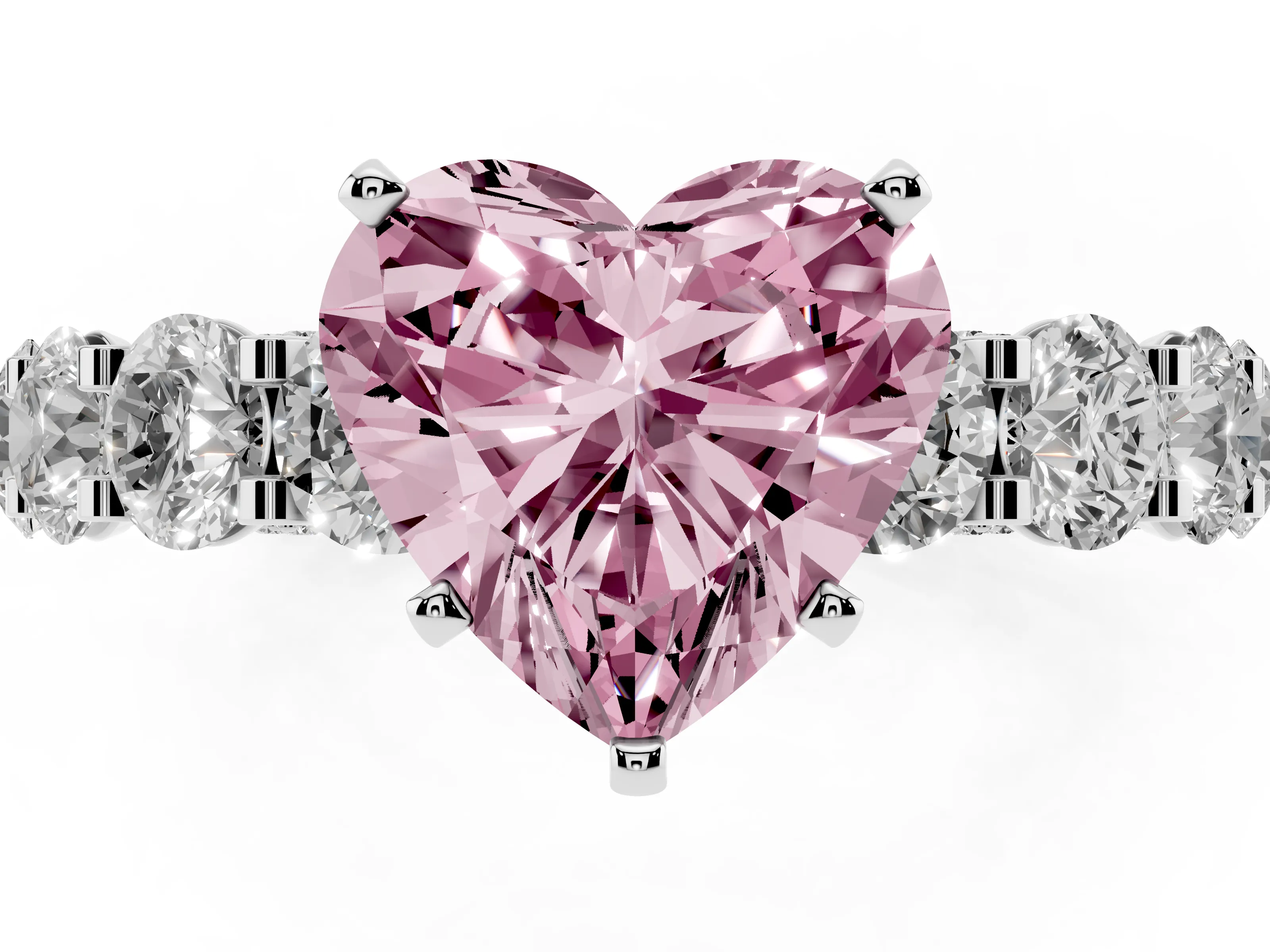 Fancy Pink Heart Cut Diamond Side Stone Ring Set in White gold with Alternating Round and Oval Side Stones