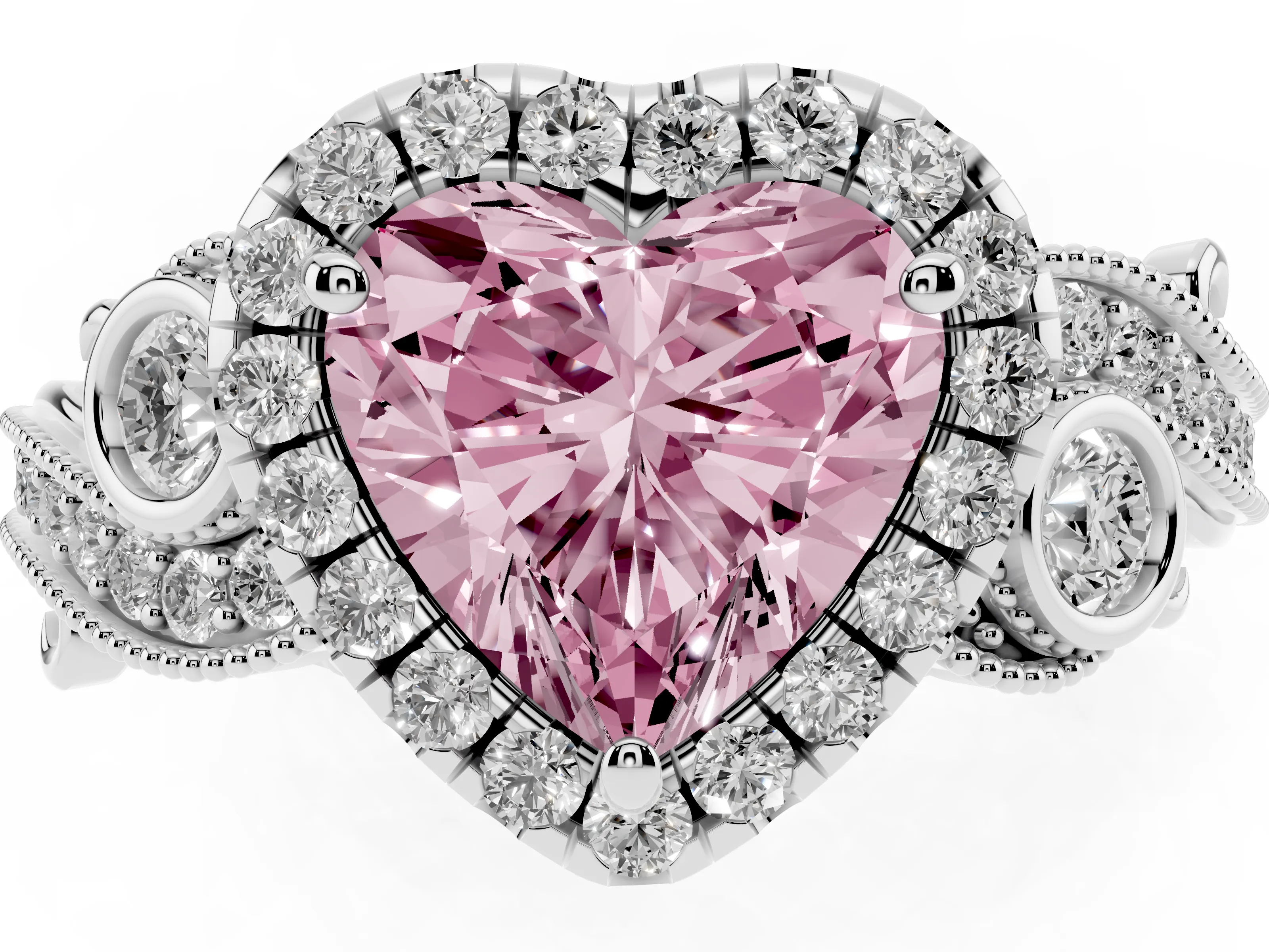 Fancy Pink Heart Cut Diamond Halo Ring Set in White gold with Milgrain Pavé Band and Prong Setting