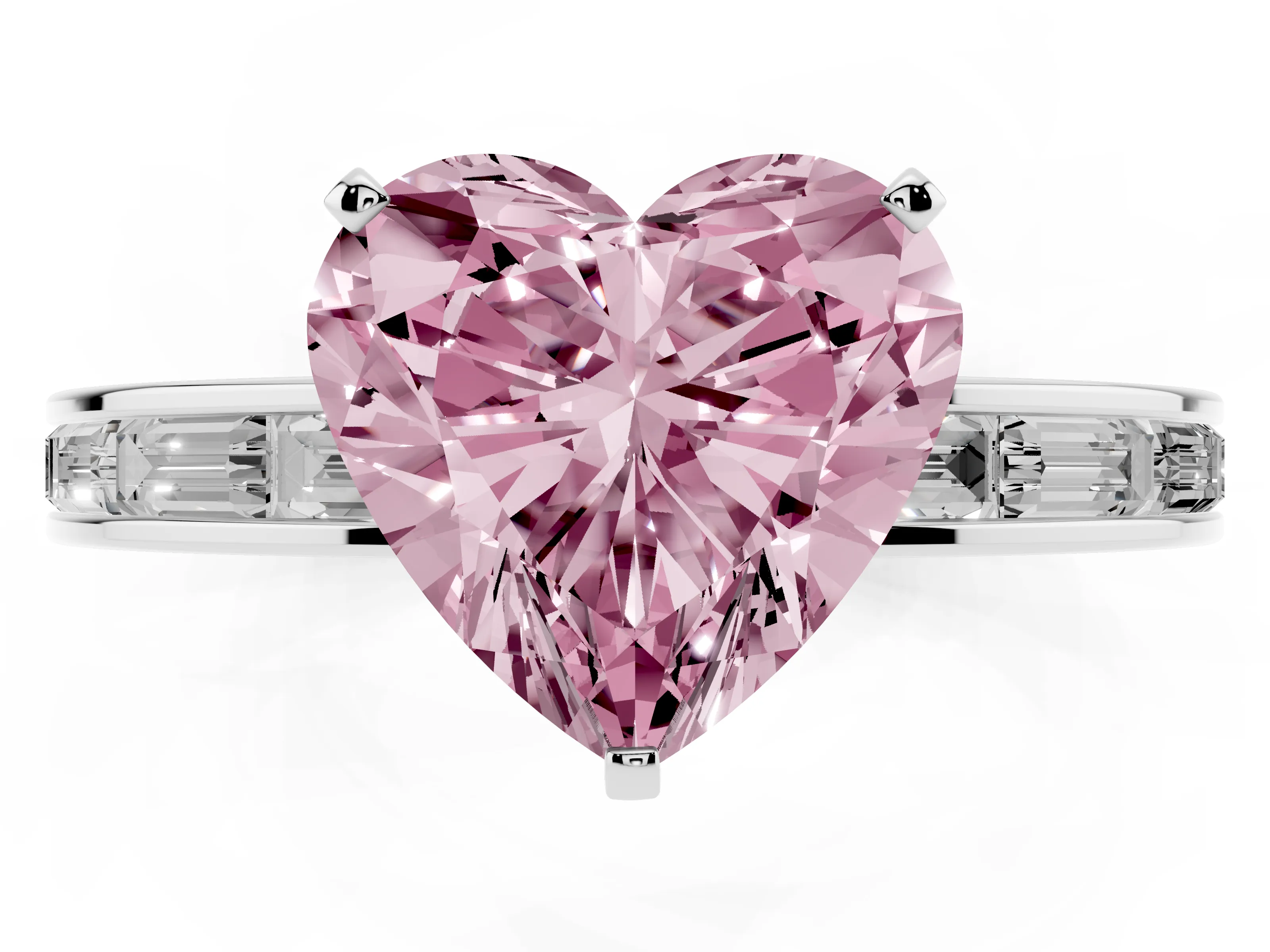 Fancy Pink Heart Cut Diamond Solitaire Ring Set in Platinum with Channel-Set Baguette Band and Prong Setting