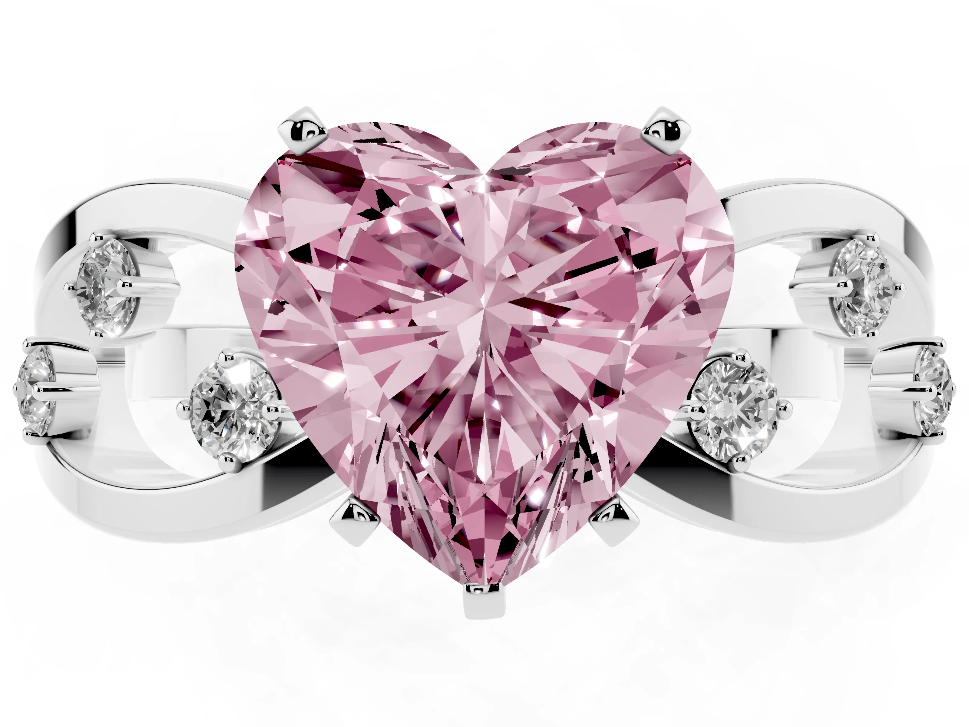 Fancy Pink Heart Cut Diamond Solitaire Ring Set in Silver with Side Stones on Criss-Cross Band and Prong Setting