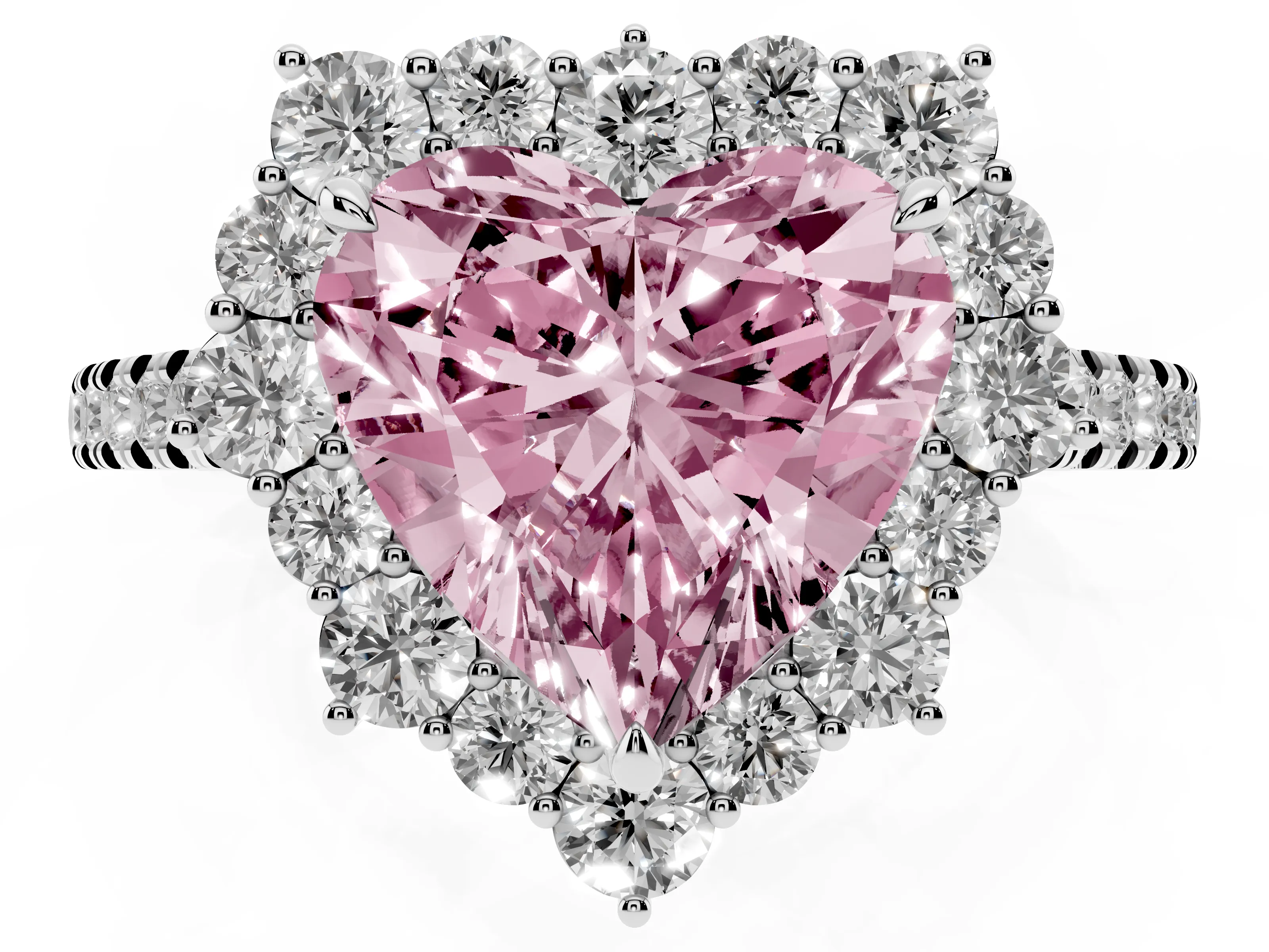 Fancy Pink Heart Cut Diamond Halo Ring Set in Silver with Pavé Band and Prong Setting