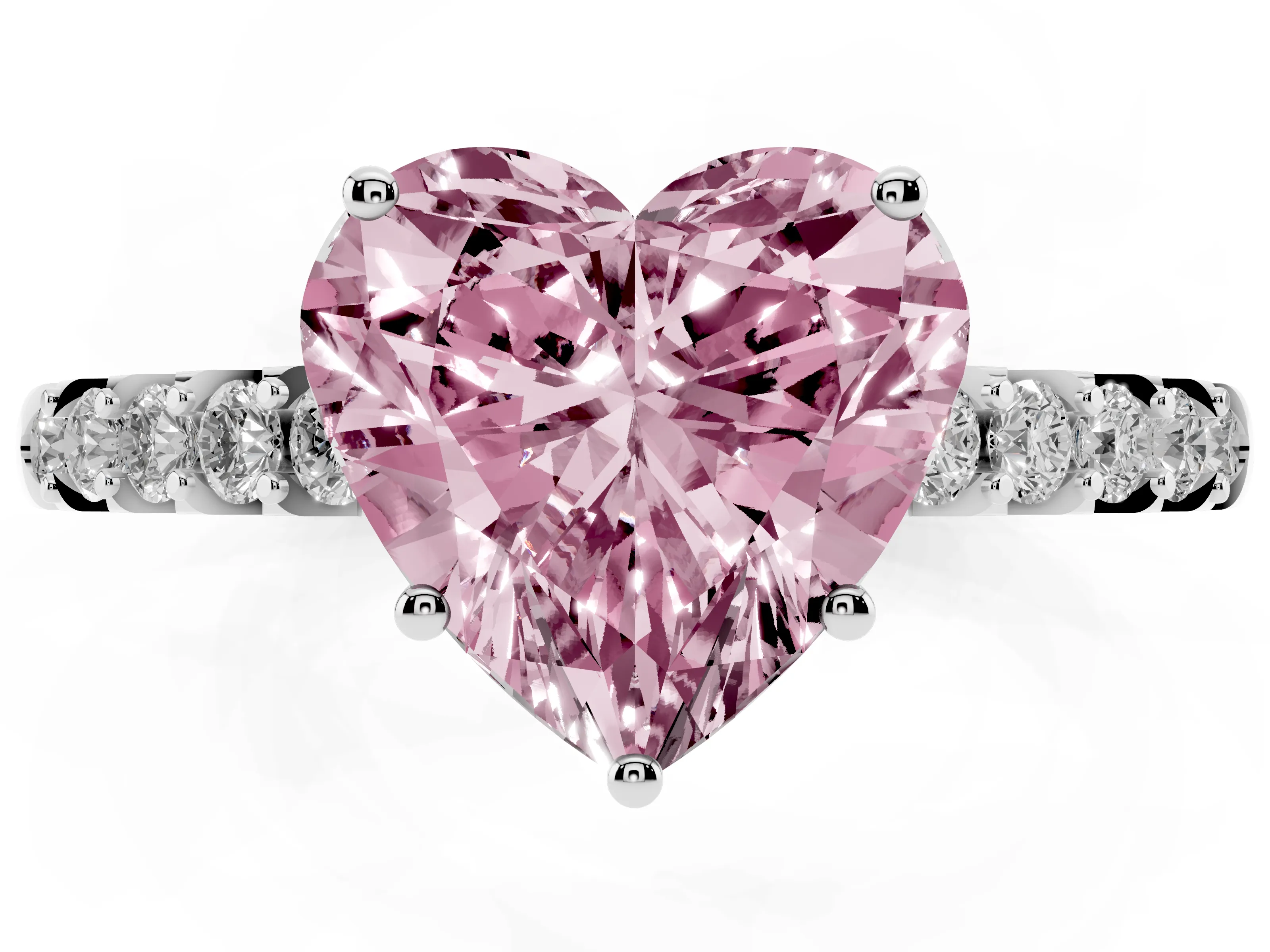 Fancy Pink Heart Cut Diamond Solitaire Engagement Ring Set in White gold with Pavé Band and Prong Setting