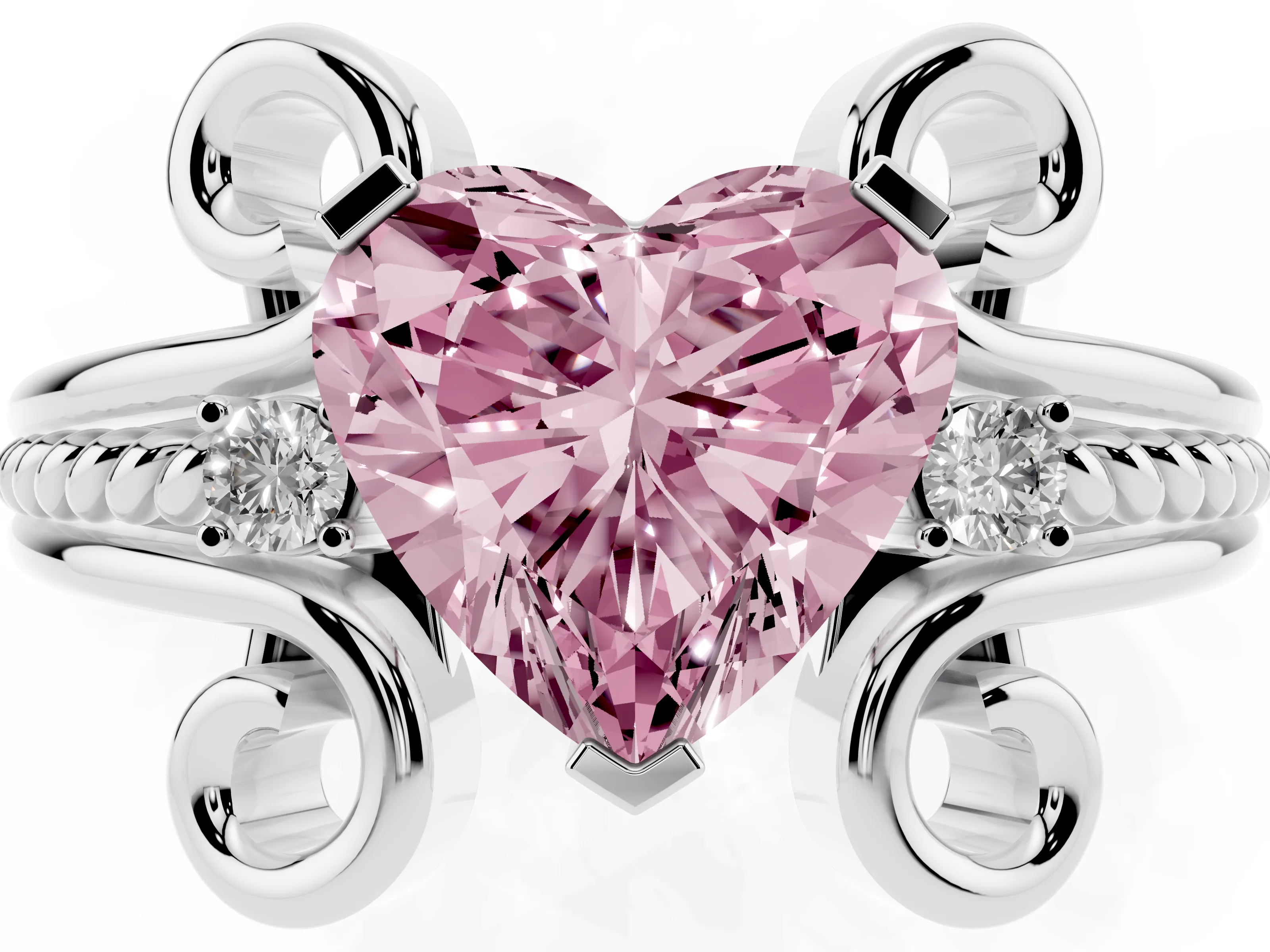Fancy Pink Heart Cut Diamond Twisted Band Solitaire Ring Set in Platinum with Scroll Prongs