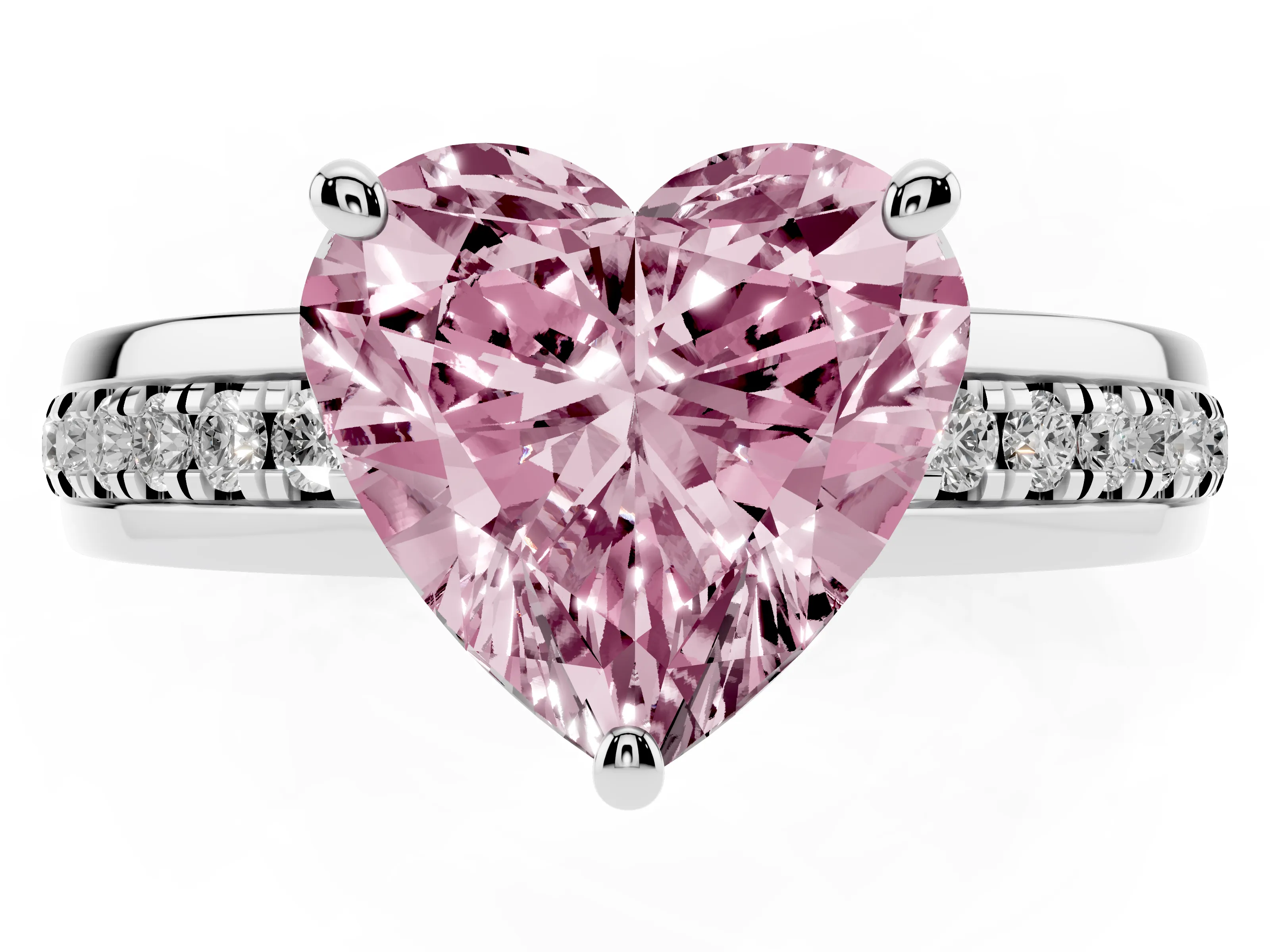 Fancy Pink Heart Cut Diamond Solitaire Ring Set in White gold with Channel Set Band and Prong Setting