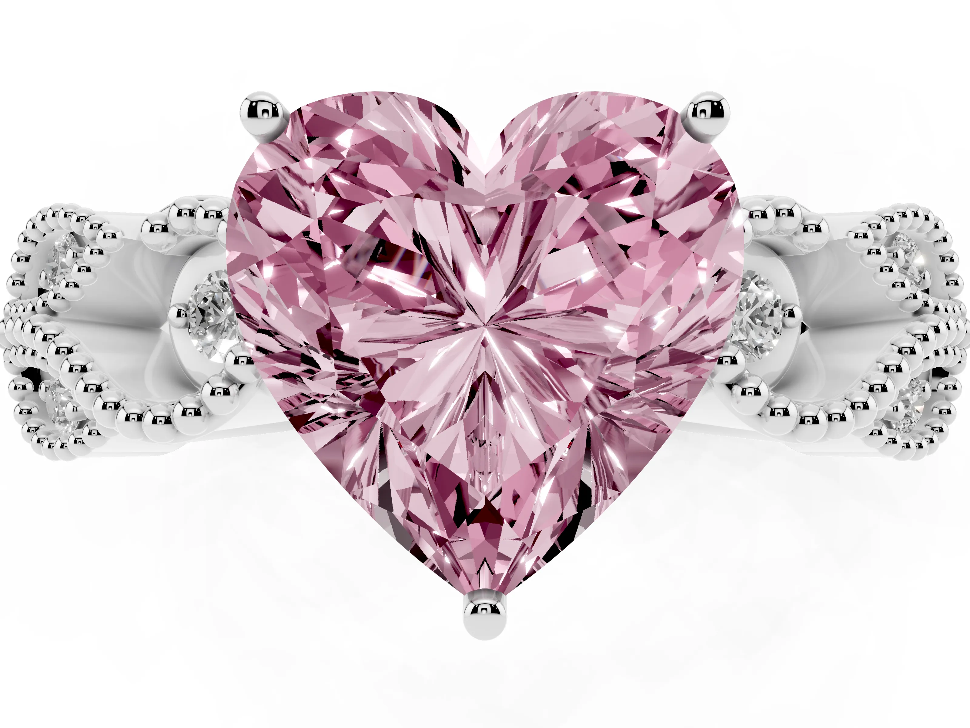 Fancy Pink Heart Cut Diamond Milgrain Leaf Band Solitaire Ring Set in White gold with Accent Stones and Prong Setting