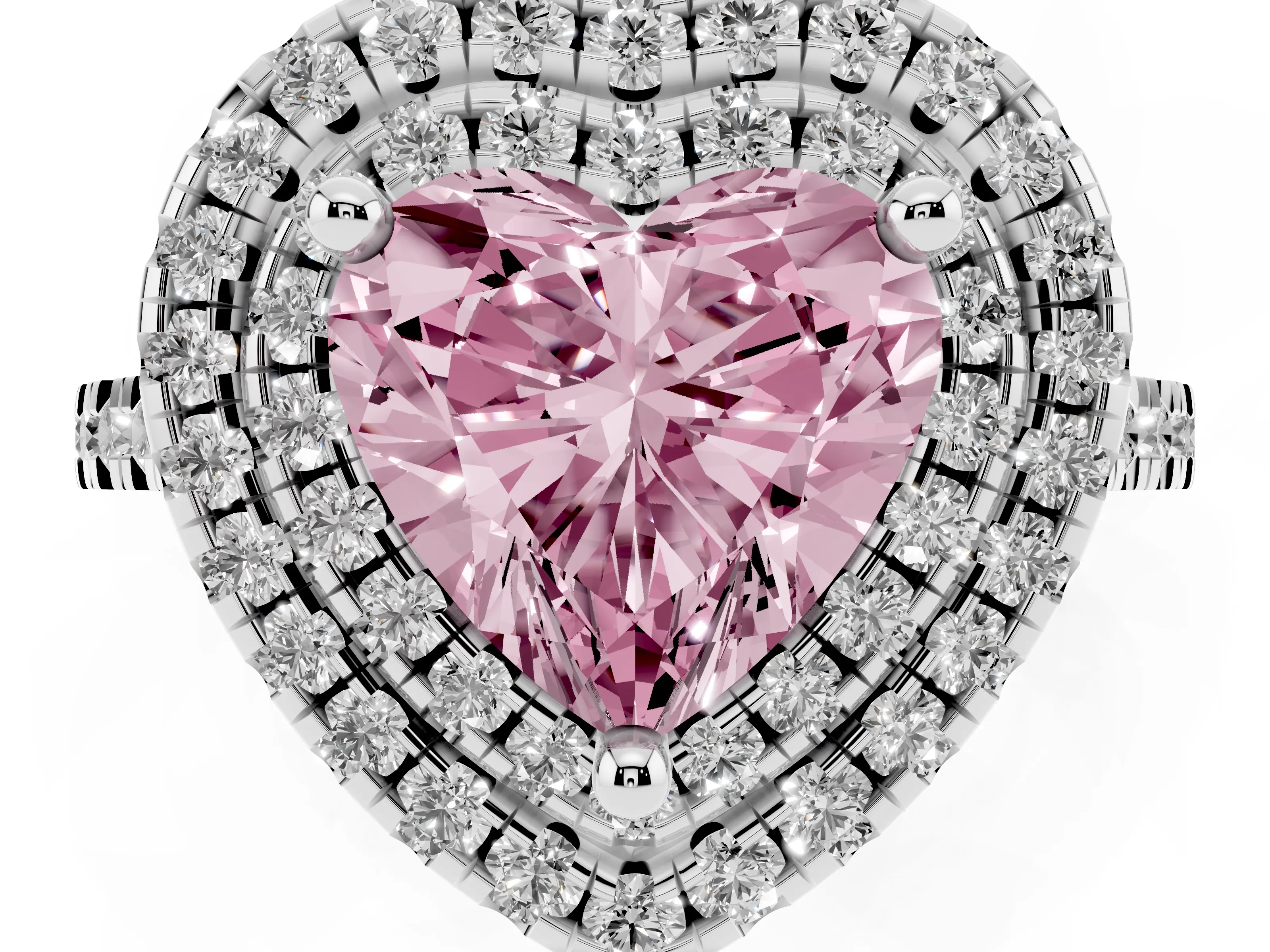 Fancy Pink Heart Cut Diamond Double Halo Statement Ring Set in White gold with Pavé Band