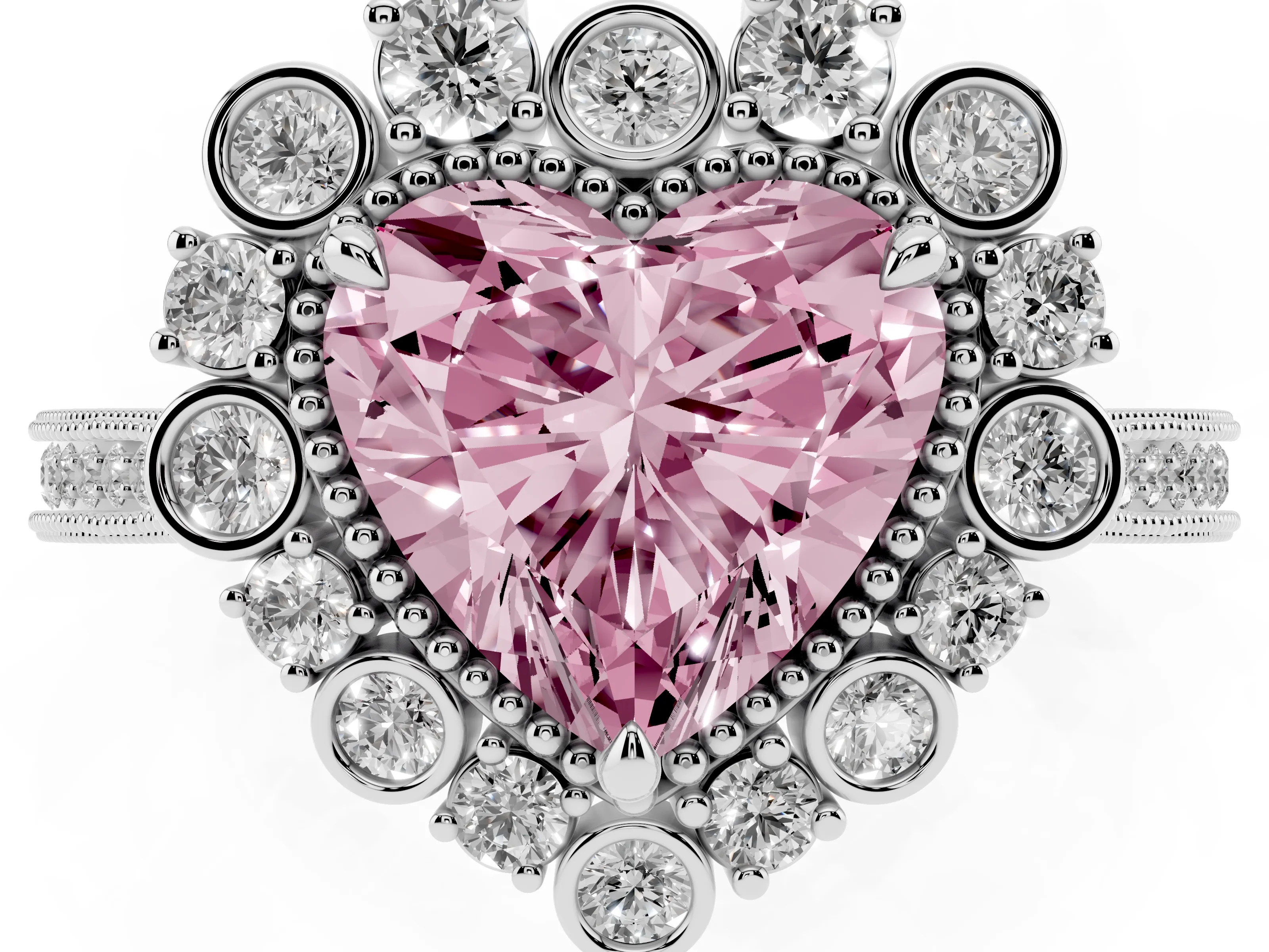 Fancy Pink Heart Cut Diamond Halo Milgrain Pavé Ring Set in White gold with Prong Setting