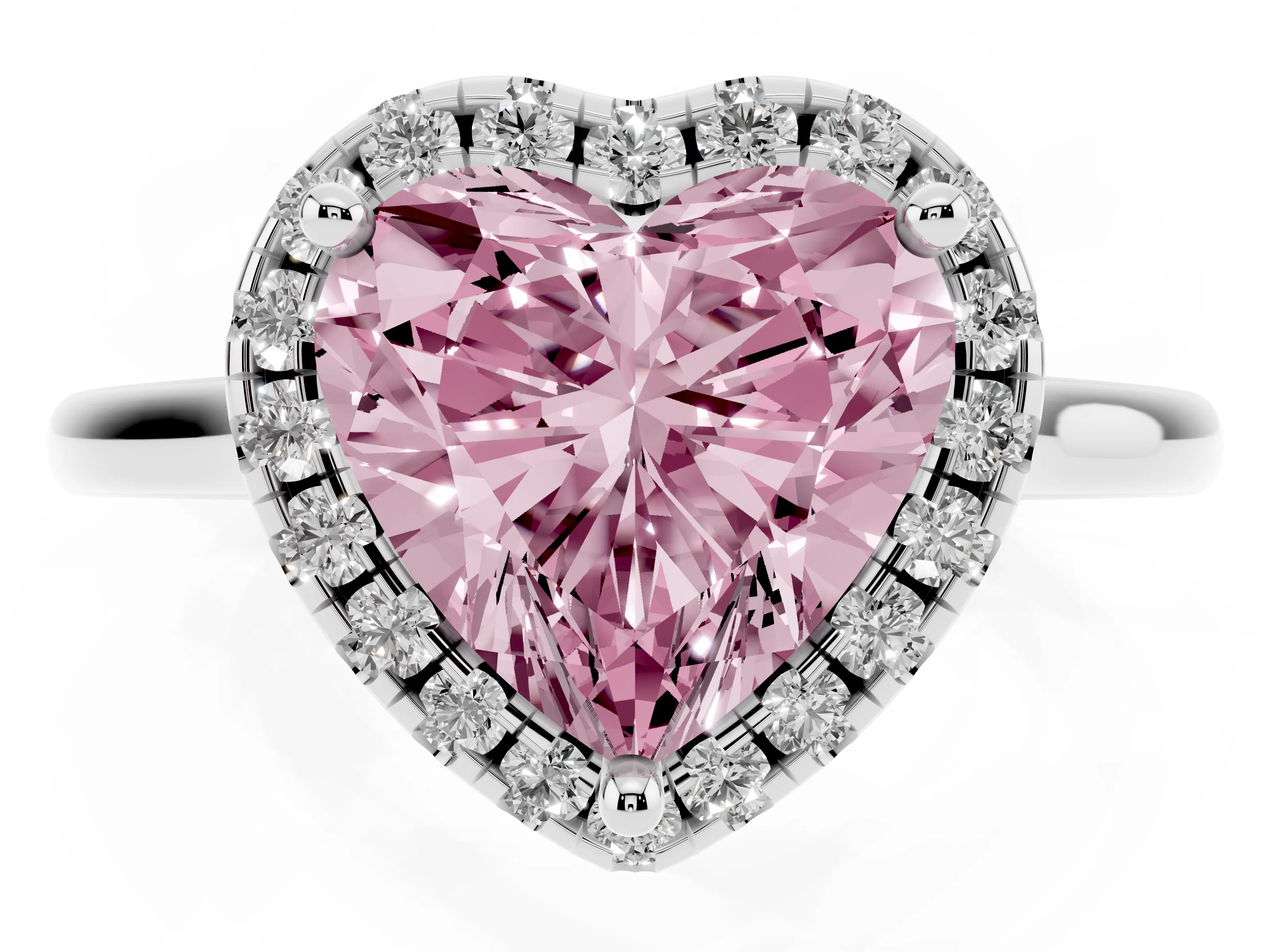Fancy Pink Heart Cut Diamond Halo Engagement Ring Set in Platinum with Pavé Band and Rising Shoulders
