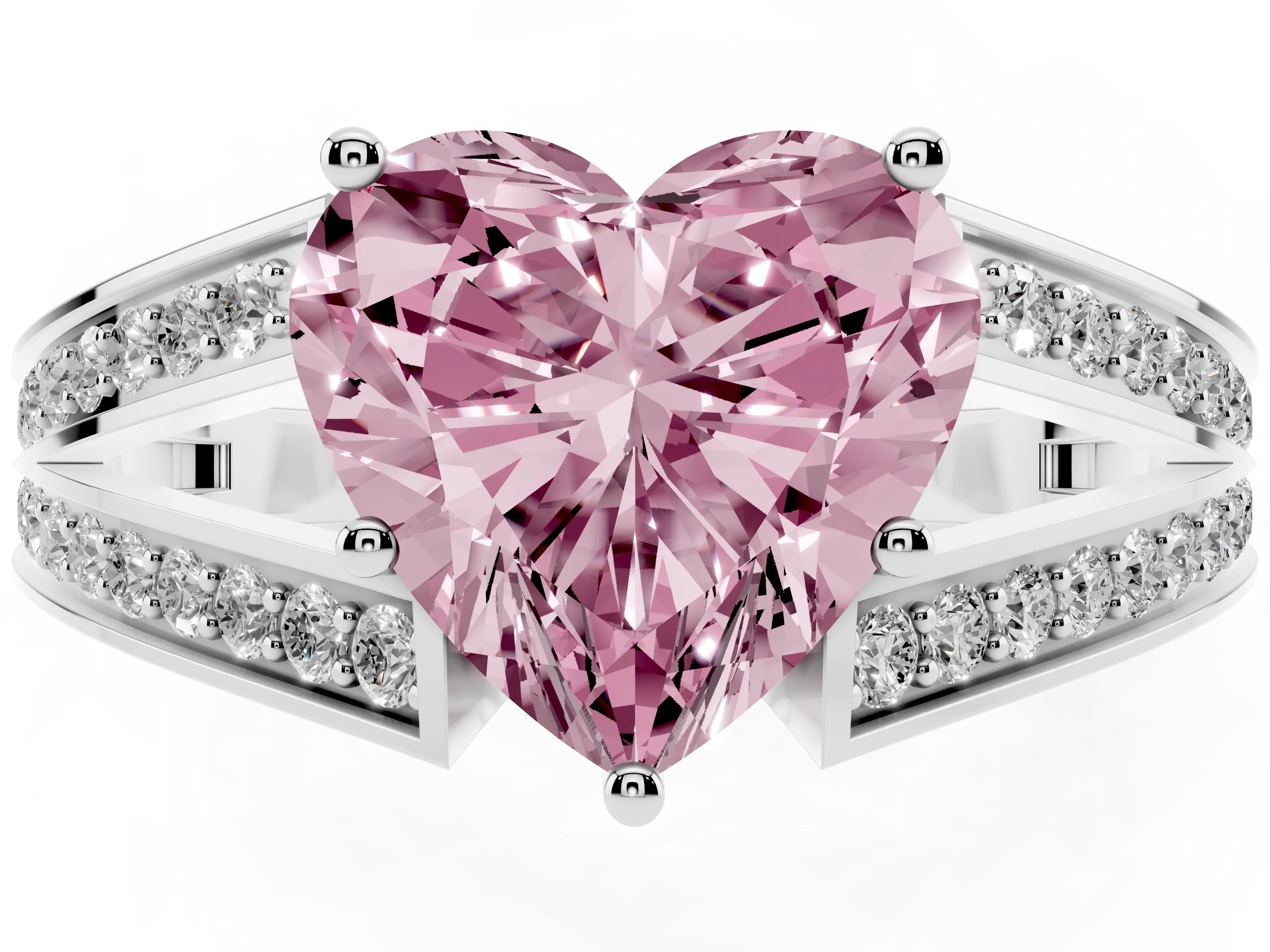 Fancy Pink Heart Cut Diamond Split Shank Ring Set in White gold with Pavé Band and Prong Setting