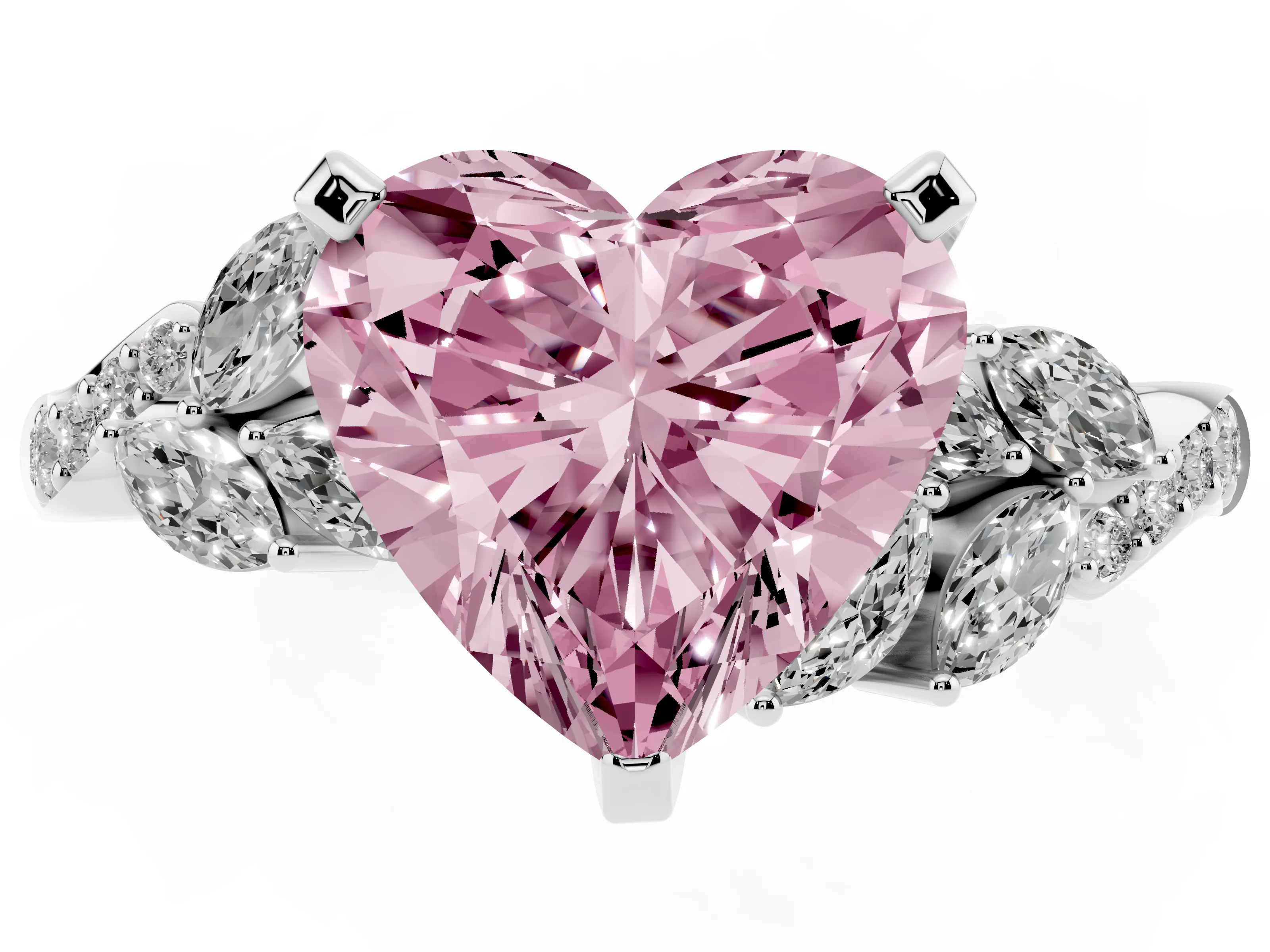 Fancy Pink Heart Cut Diamond Solitaire Ring Set in Silver with Marquise Twist Band and Prong Setting