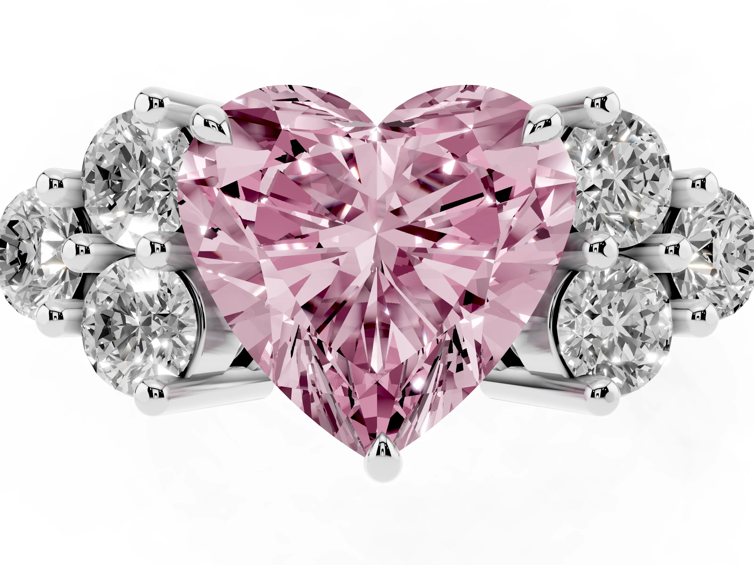 Fancy Pink Heart Cut Diamond Solitaire Ring Set in Silver with Cluster Accents on Each Side