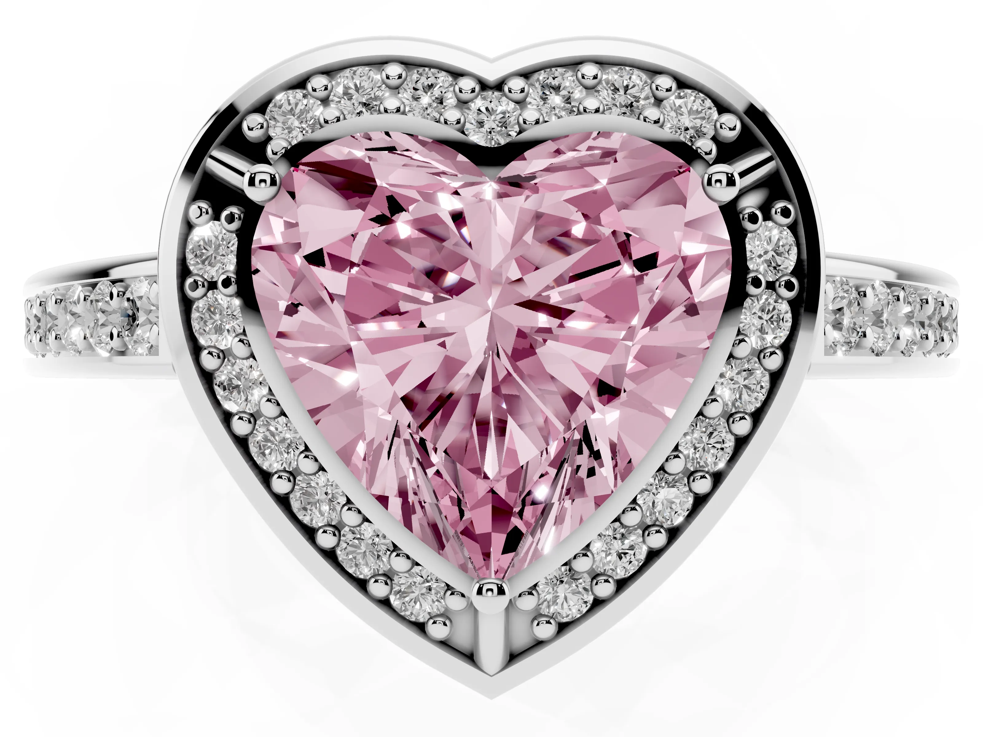 Fancy Pink Heart Cut Diamond Halo Pavé Split Shank Ring Set in White gold with Prong Setting