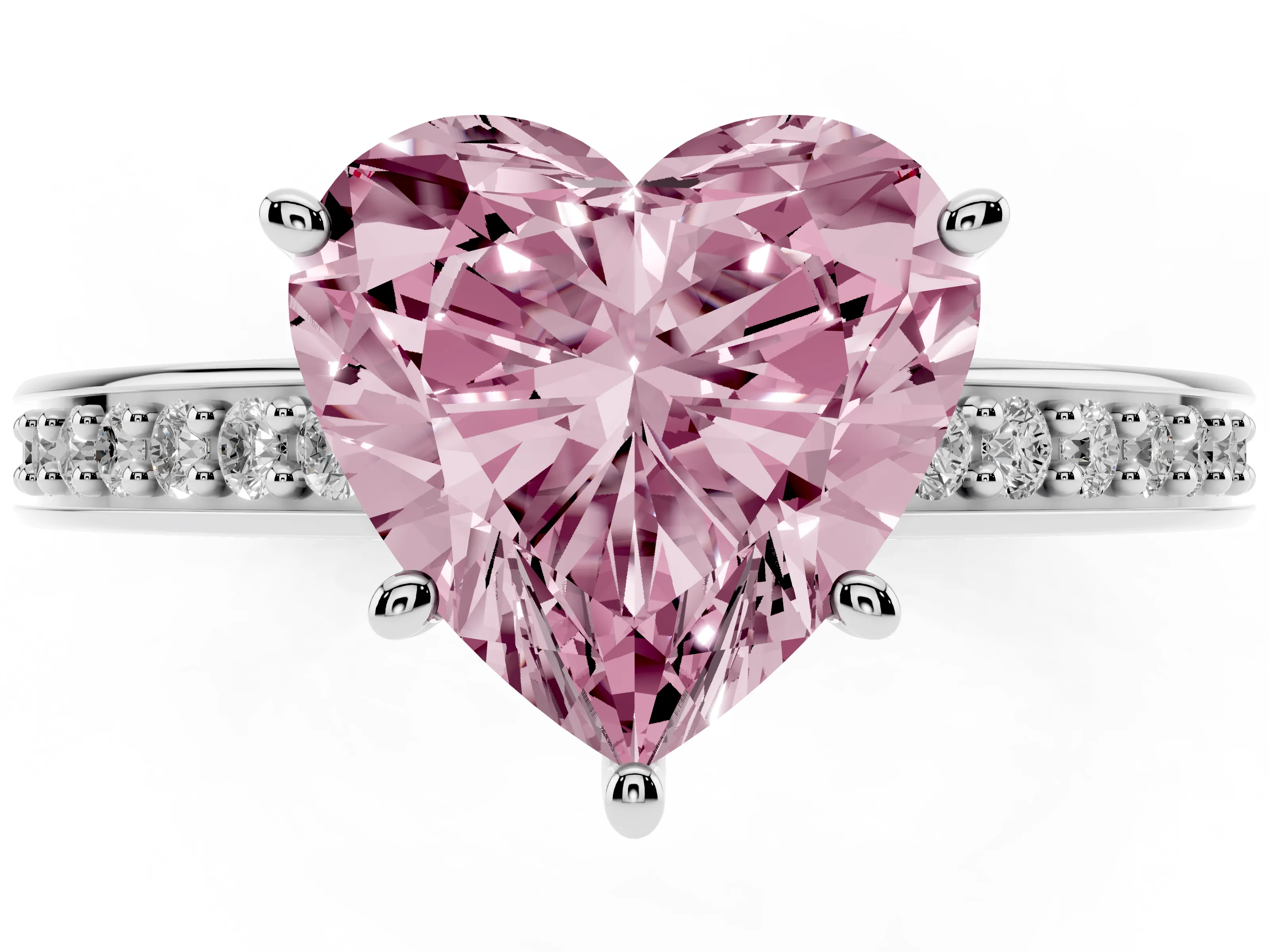 Fancy Pink Heart Cut Diamond Pavé Band Prong Set Solitaire Ring Set in Silver