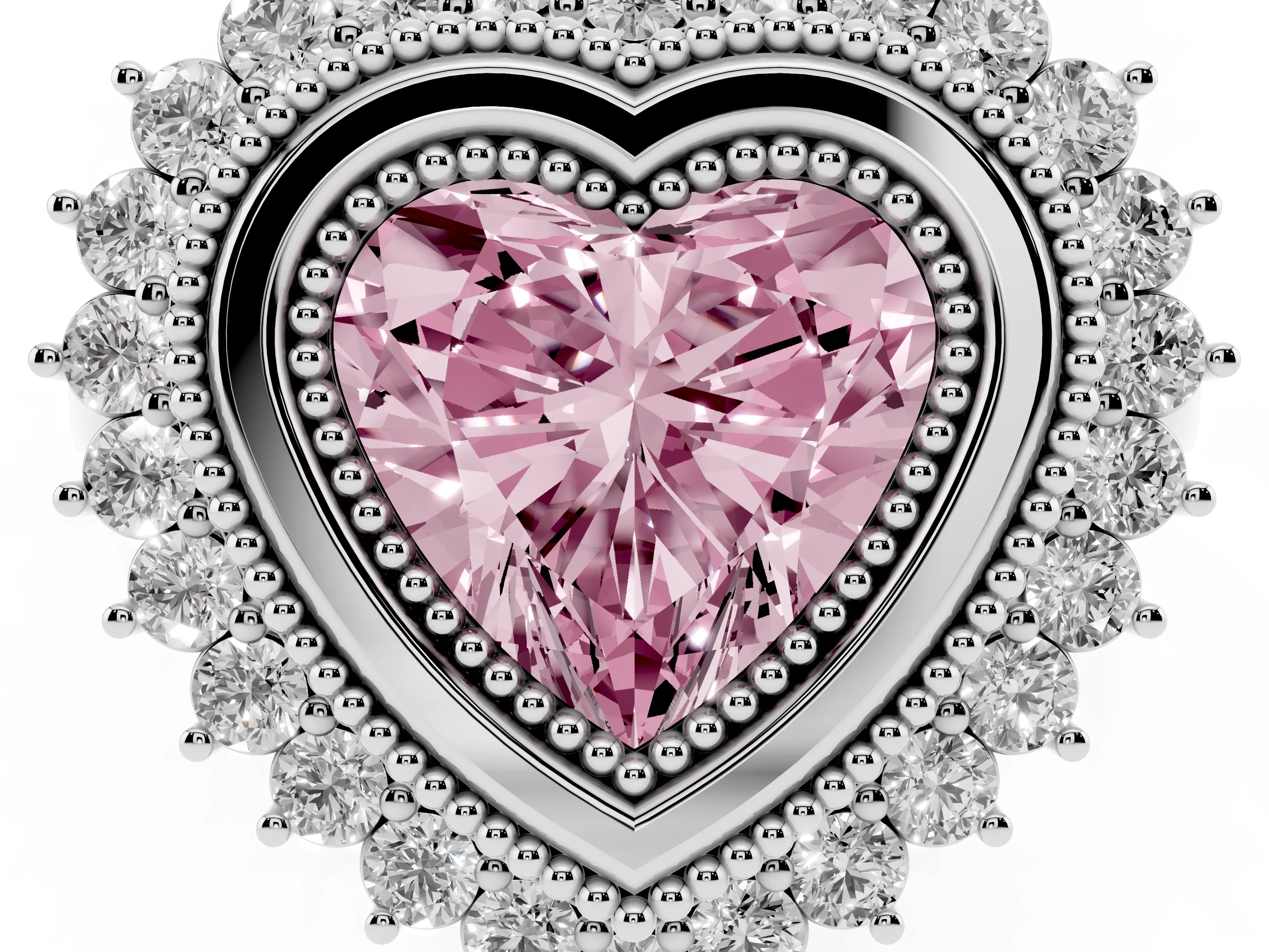 Fancy Pink Heart Cut Diamond Halo Ring Set in Platinum with Milgrain Edge and Round Prong Setting