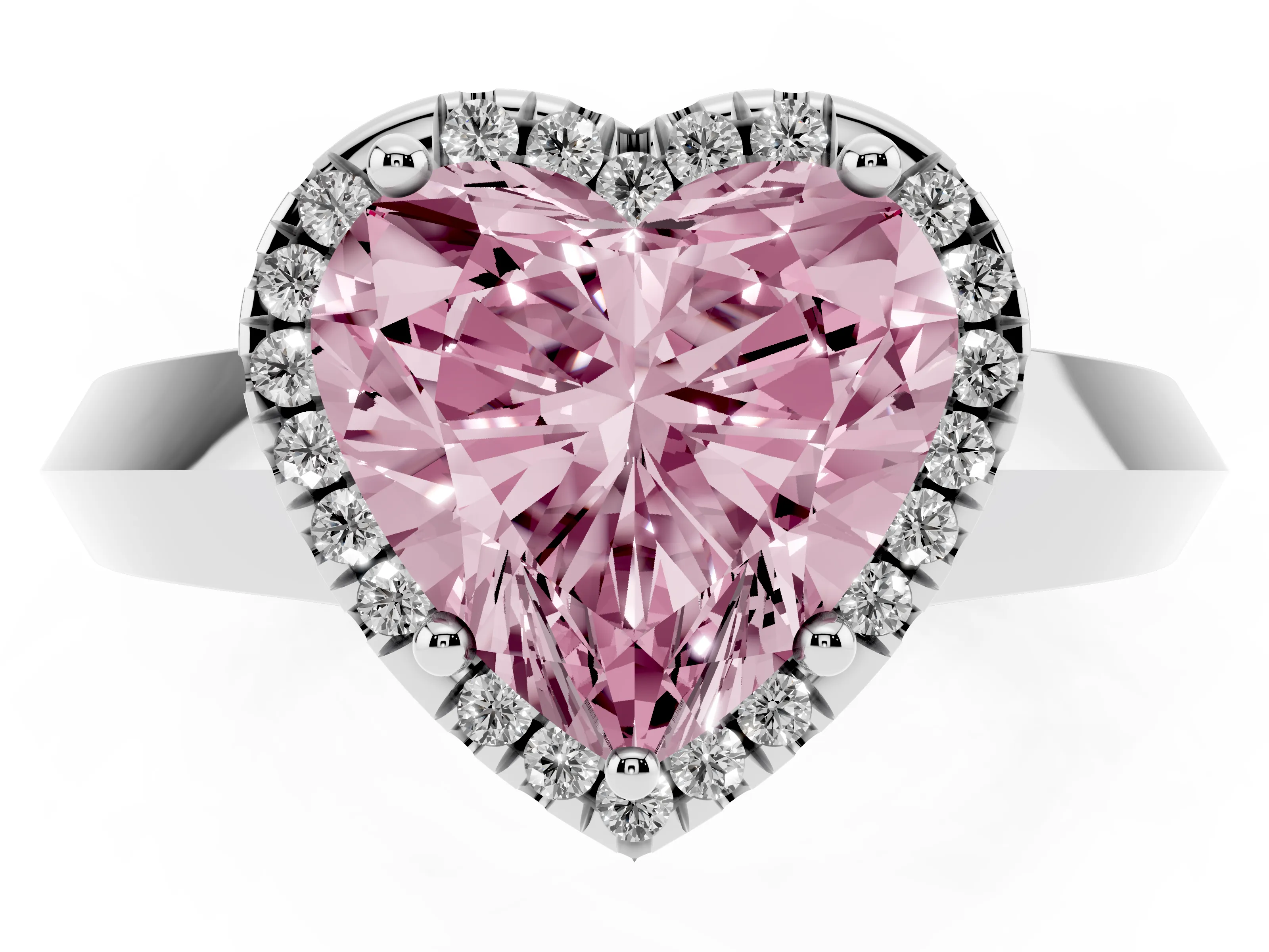 Fancy Pink Heart Cut Diamond Halo Ring Set in White gold with Cathedral Band and Prong Setting