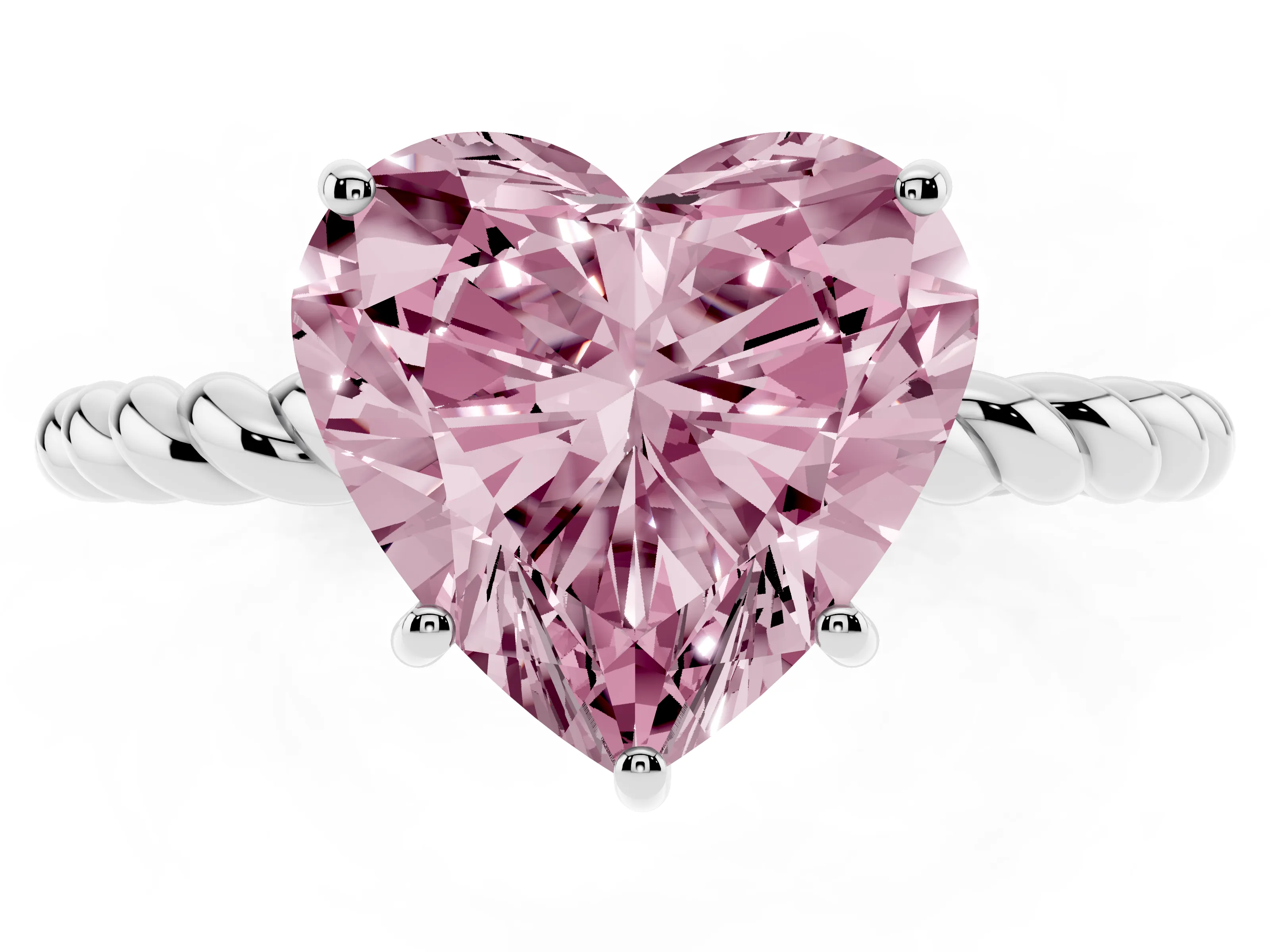 Fancy Pink Heart Cut Diamond Solitaire Ring Set in White gold with Twist Band and Prong Setting