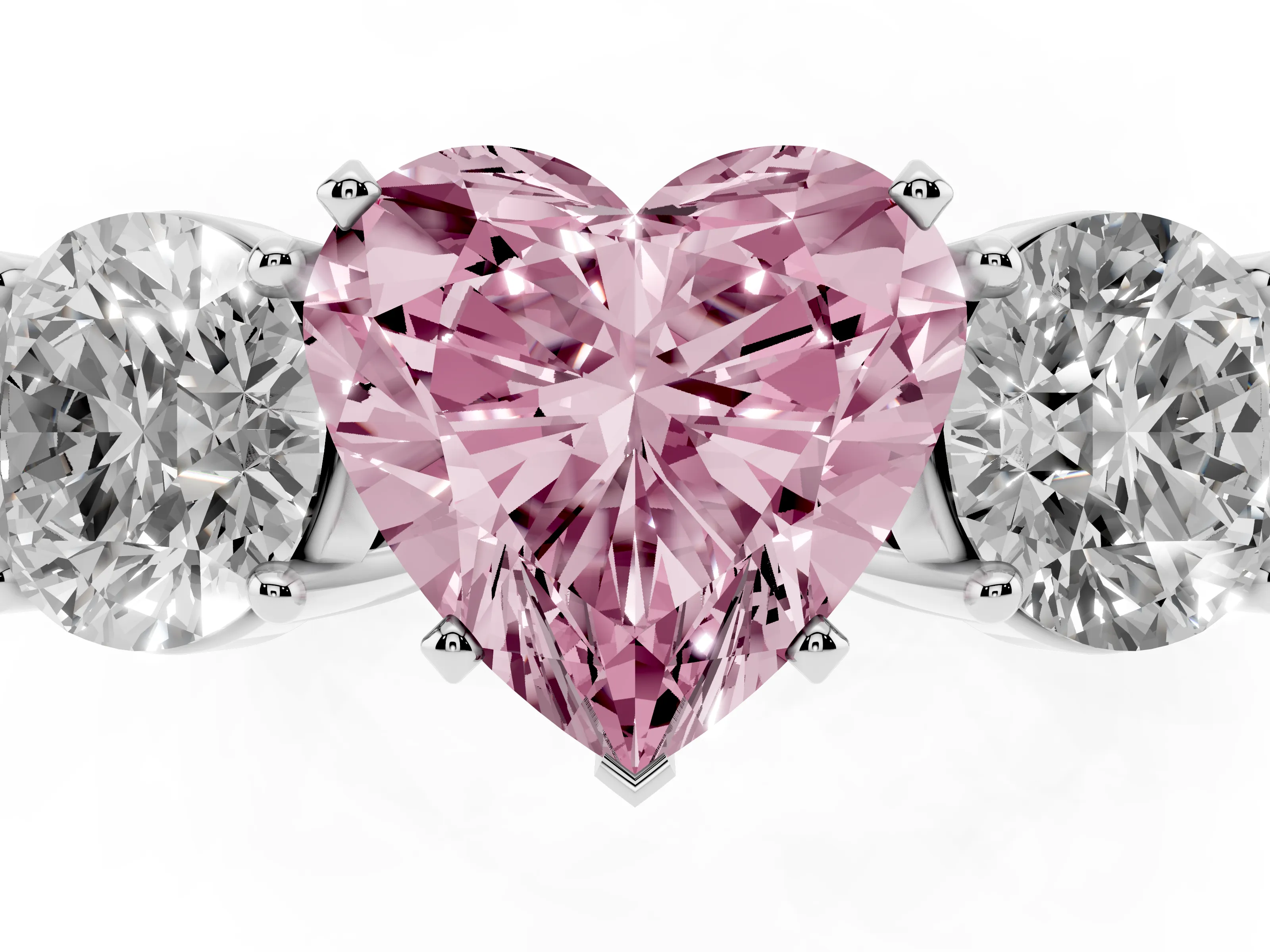Fancy Pink Heart Cut Diamond Three-Stone Ring Set in Platinum with Round Side Stones and Classic Band