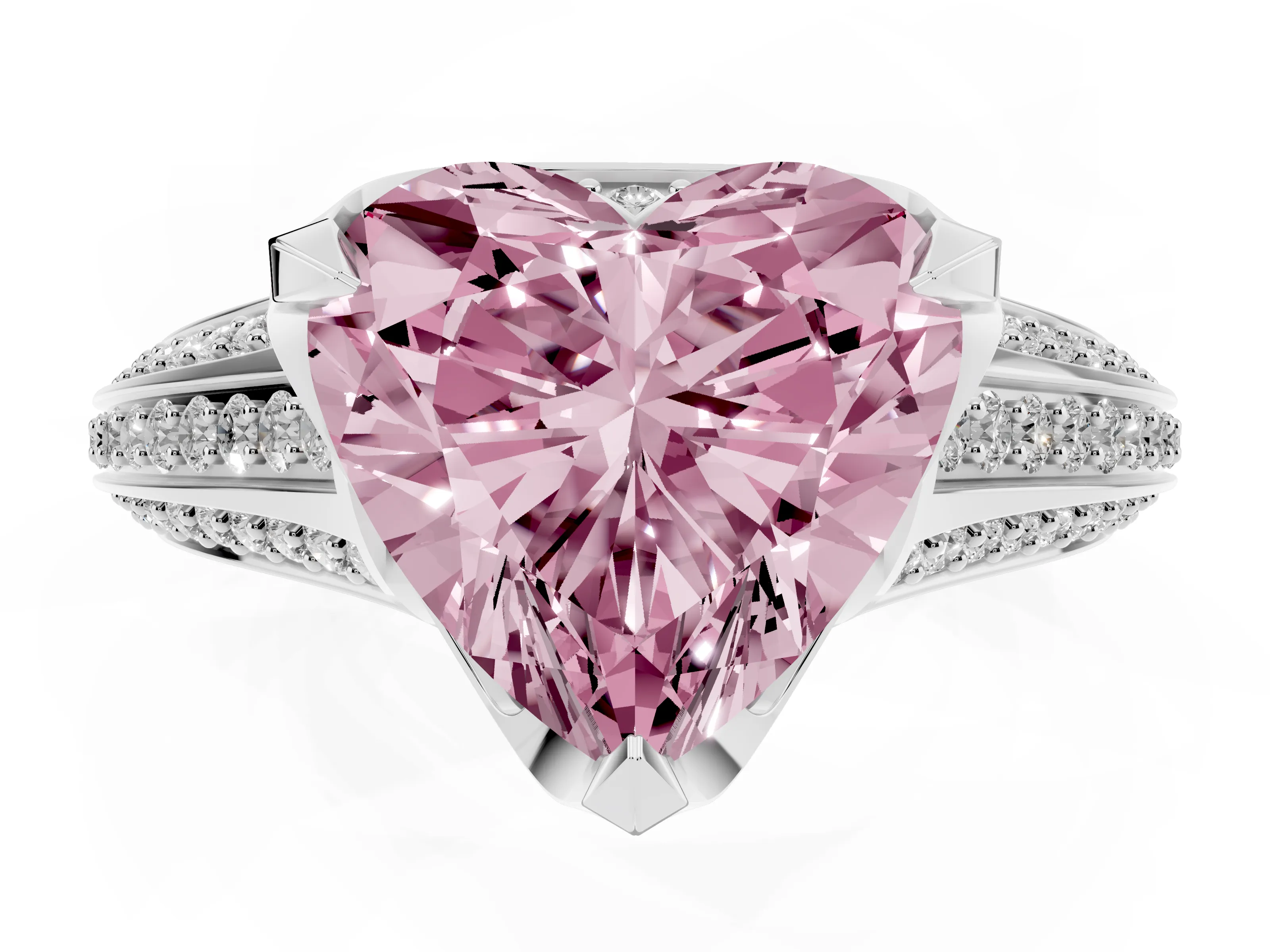 Fancy Pink Heart Cut Diamond Pavé Split Shank Solitaire Ring Set in Silver with Prong Setting