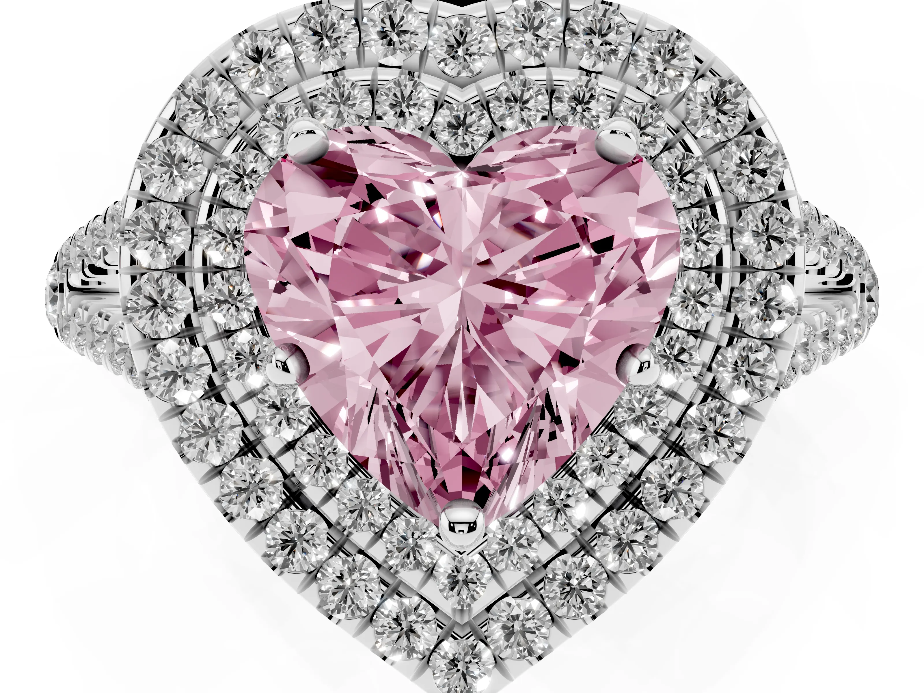 Fancy Pink Heart Cut Diamond Double Halo Ring Set in Silver with Pavé Band