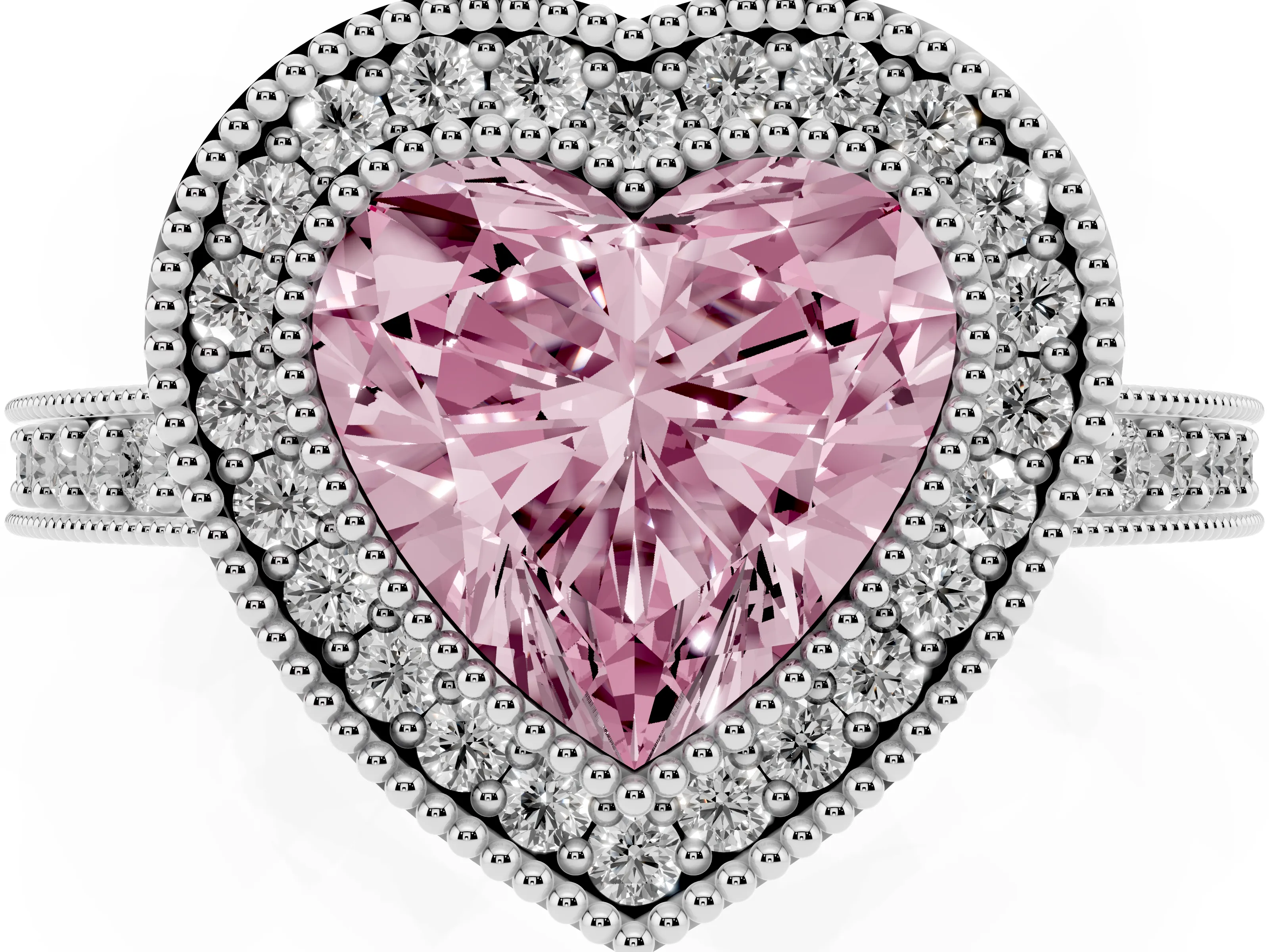 Fancy Pink Heart Cut Diamond Halo Engagement Ring Set in Silver with Pavé Band and Round Halo Stones