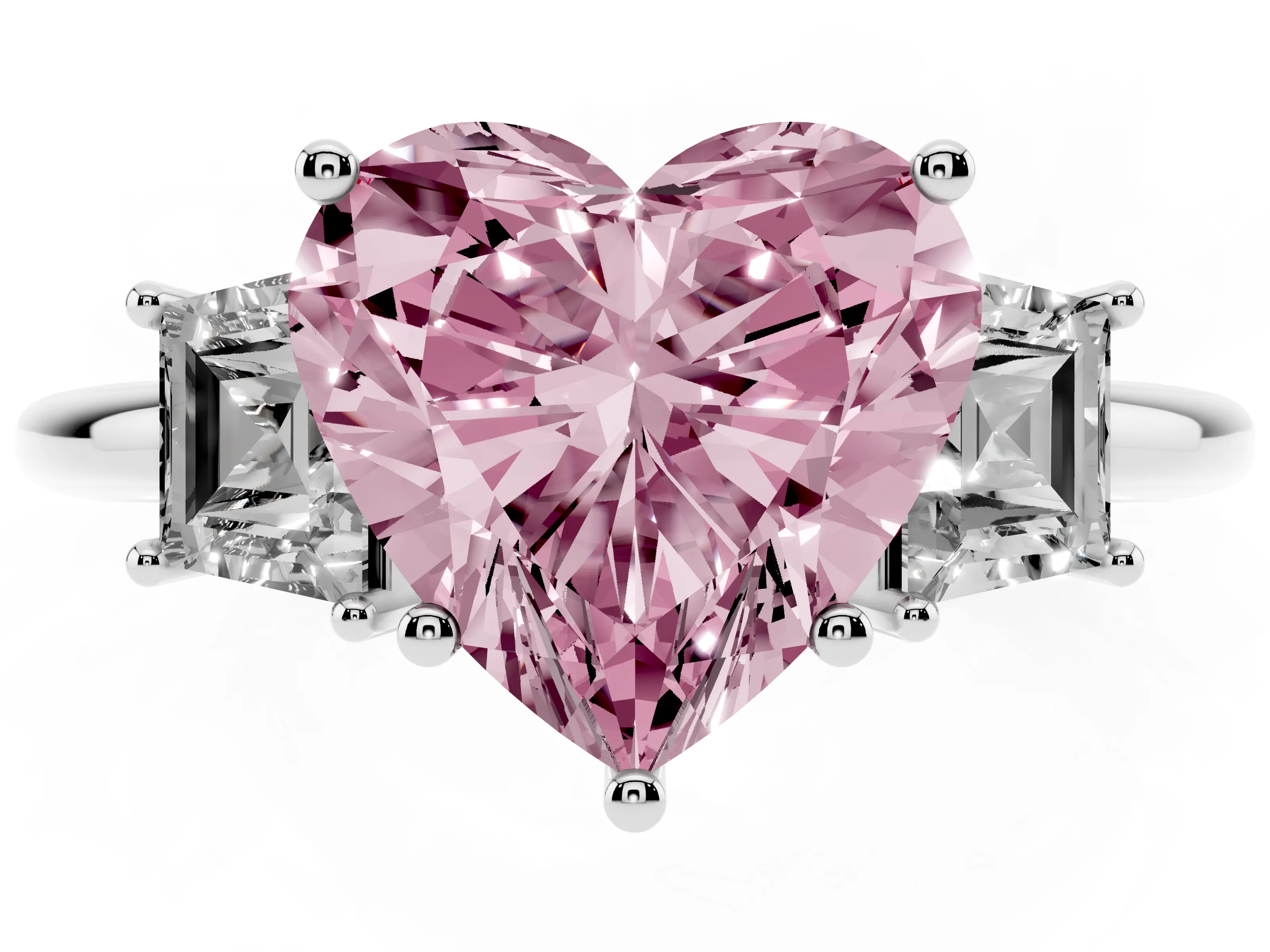 Fancy Pink Heart Cut Diamond Three-Stone Ring Set in Silver with Trapezoid Side Stones and Prong Setting