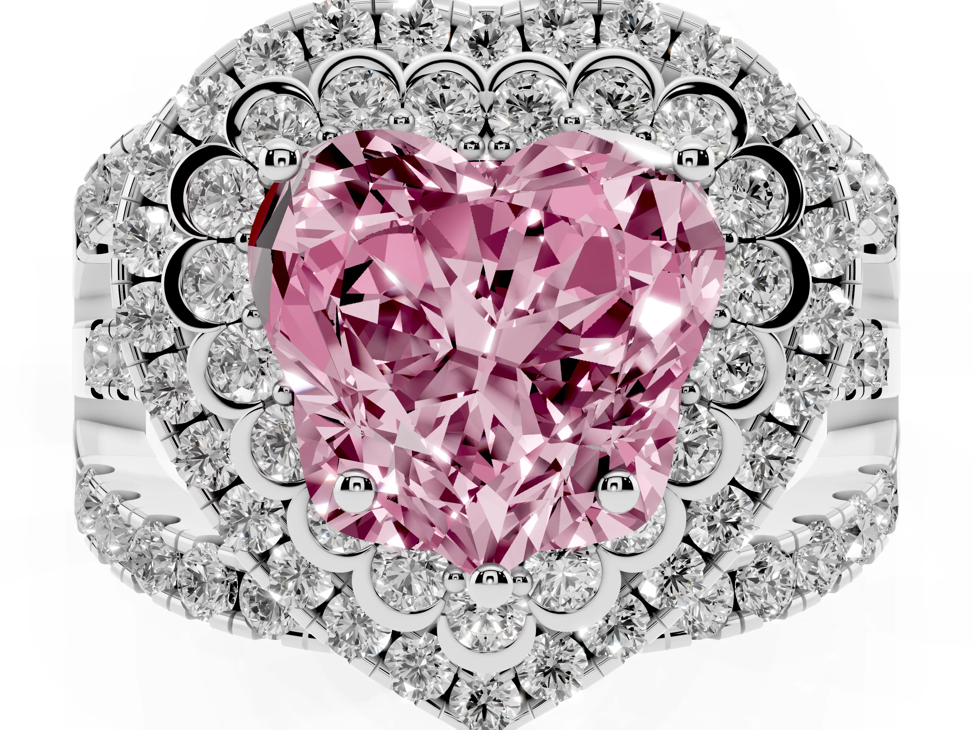 Fancy Pink Heart Cut Diamond Double Halo Ring Set in White gold with Round Pavé Split Shank