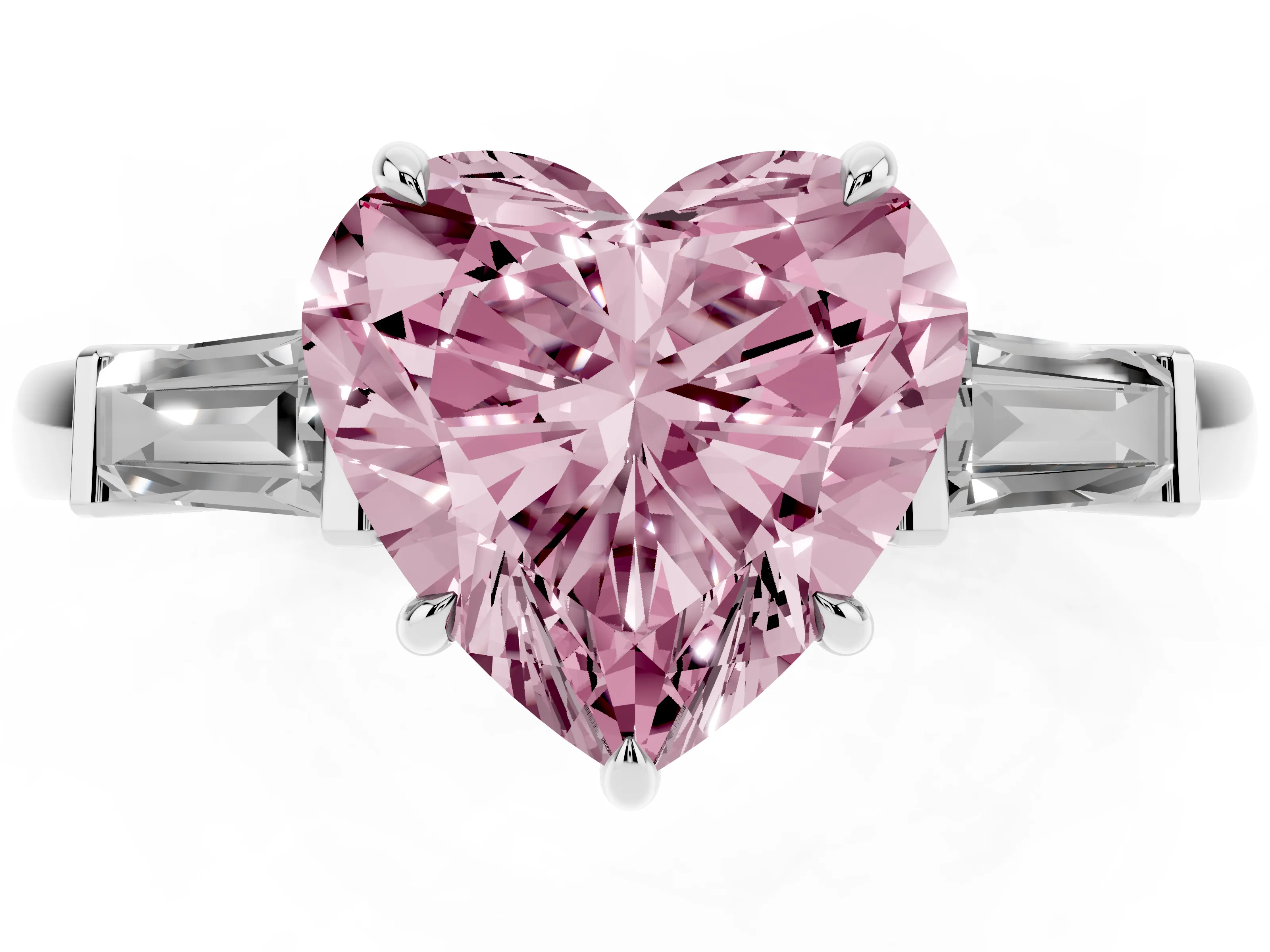 Fancy Pink Heart Cut Diamond Three-Stone Ring Set in Platinum with Tapered Baguette Side Stones and Prong Setting