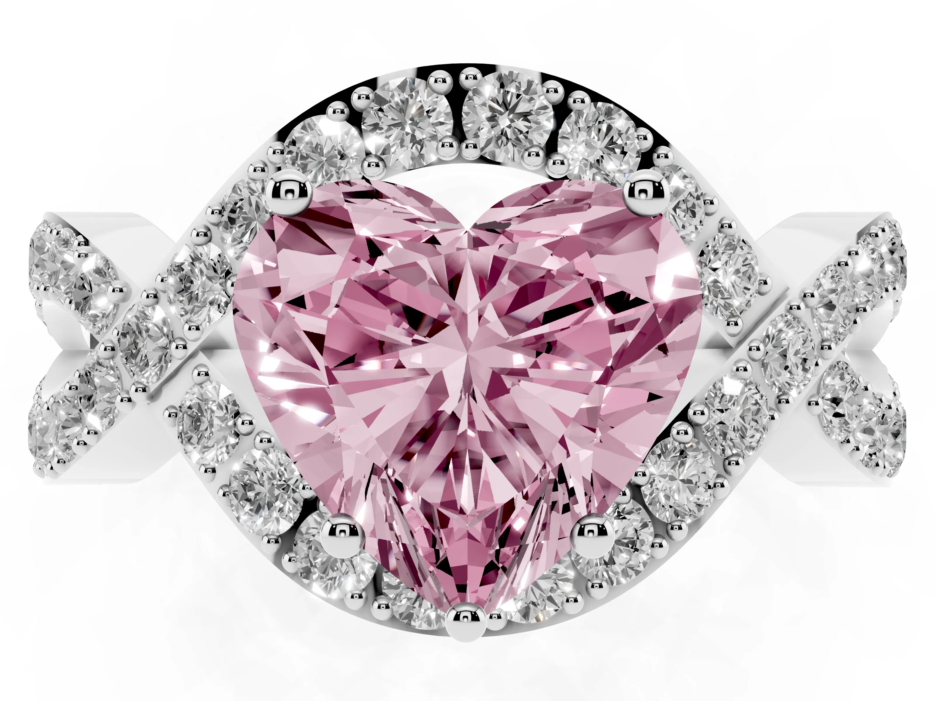 Fancy Pink Heart Cut Diamond Solitaire Twist Band Pavé Engagement Ring Set in Platinum