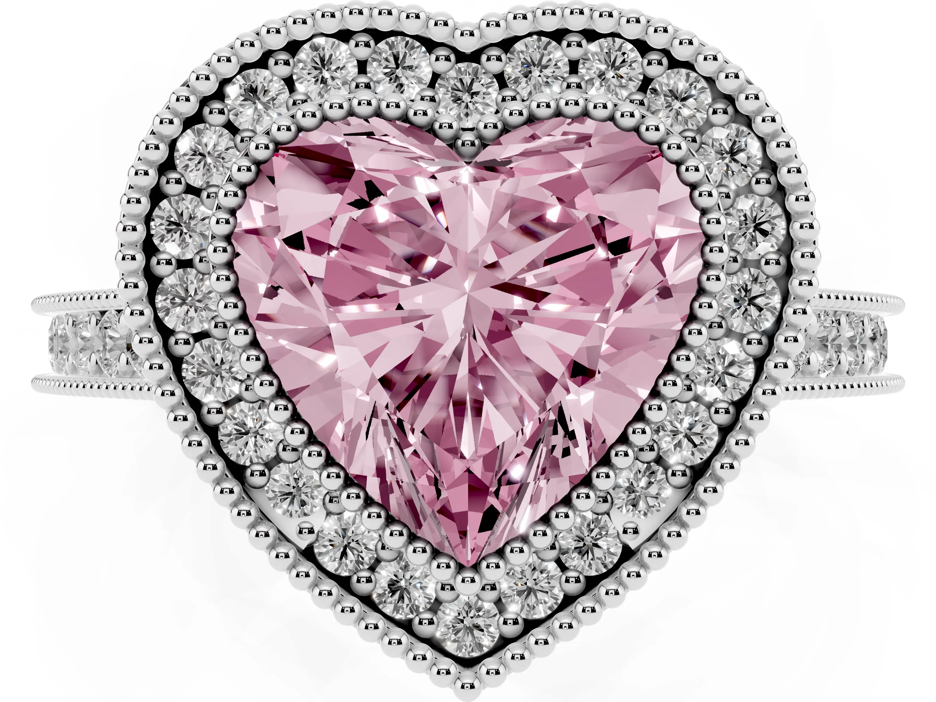 Fancy Pink Heart Cut Diamond Halo Milgrain Pavé Band Ring Set in Platinum with Prong Setting