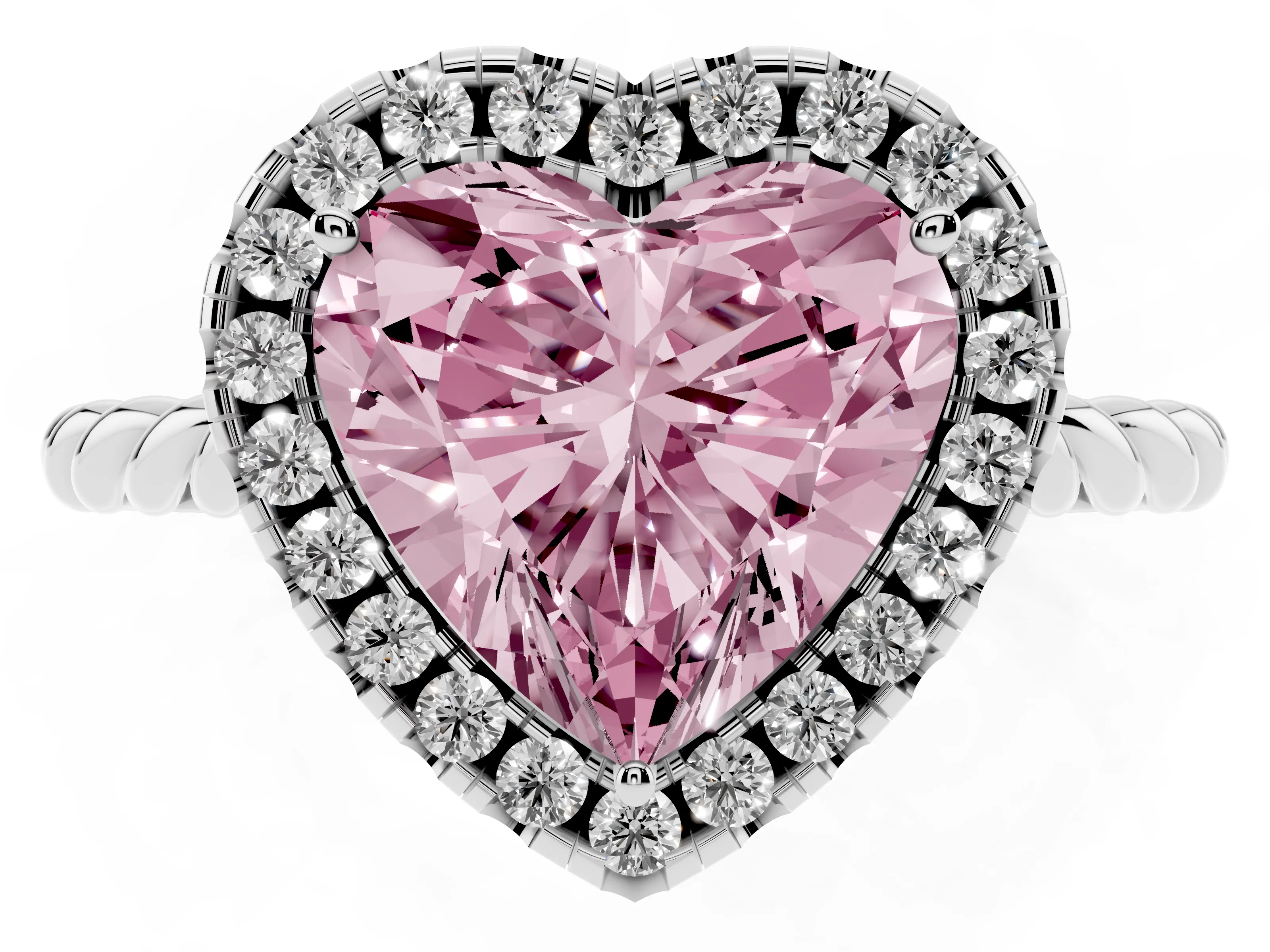 Fancy Pink Heart Cut Diamond Halo Ring Set in White gold with Plain Twisted Band