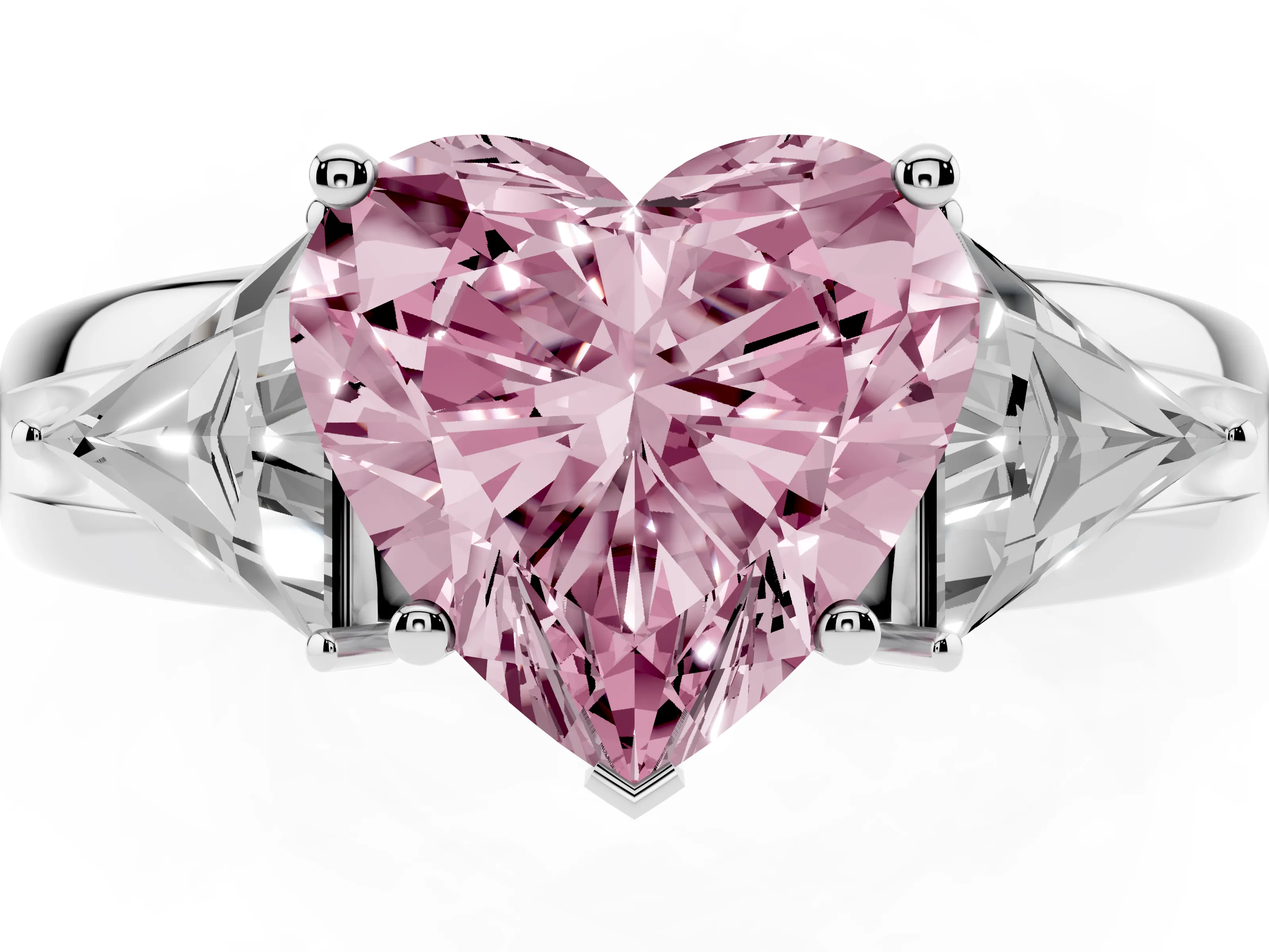 Fancy Pink Heart Cut Diamond Three-Stone Ring Set in Platinum with Trillion Side Stones and Split Shank
