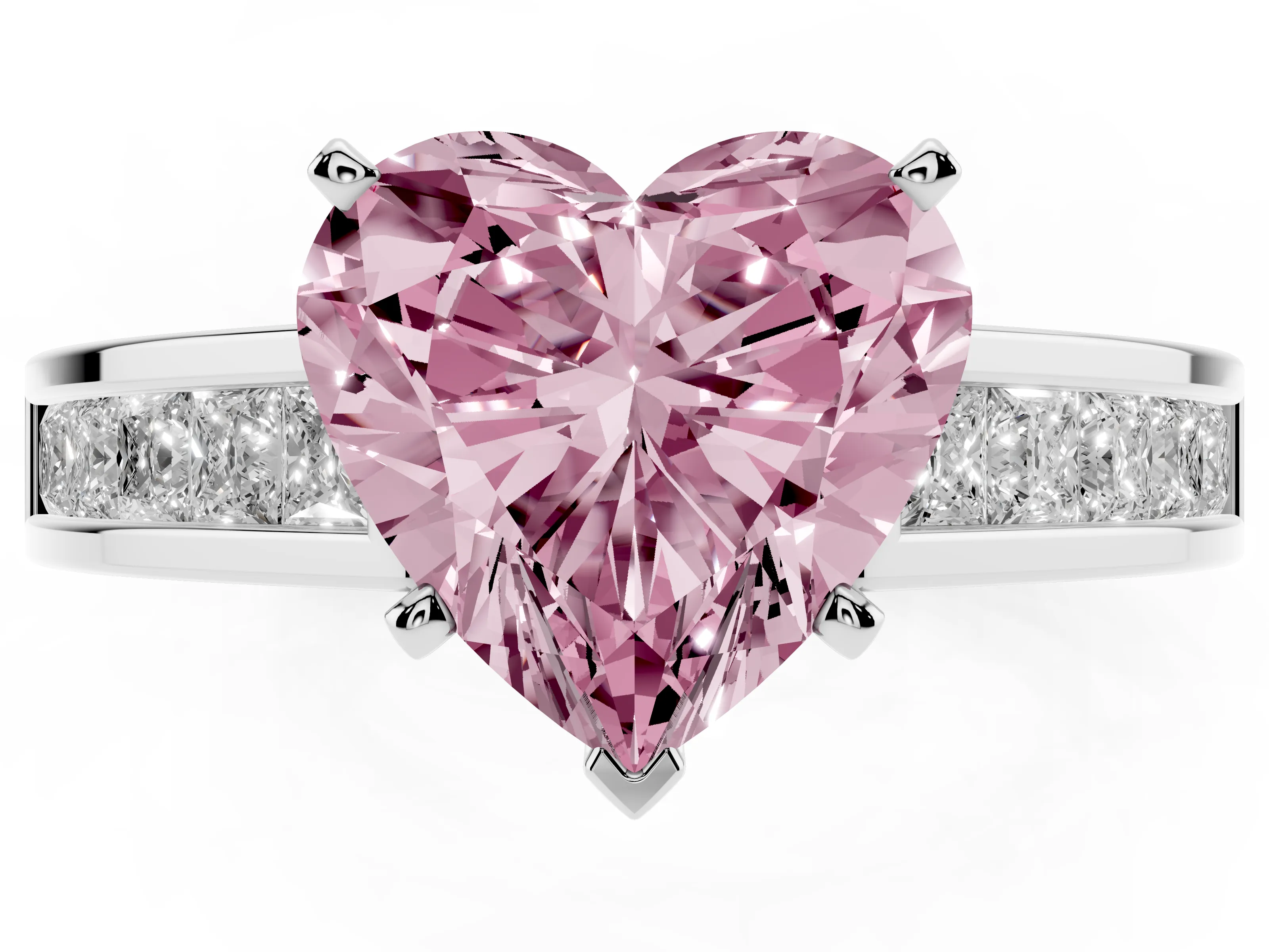 Fancy Pink Heart Cut Diamond Solitaire Ring Set in White gold with Channel-Set Band and Prong Setting