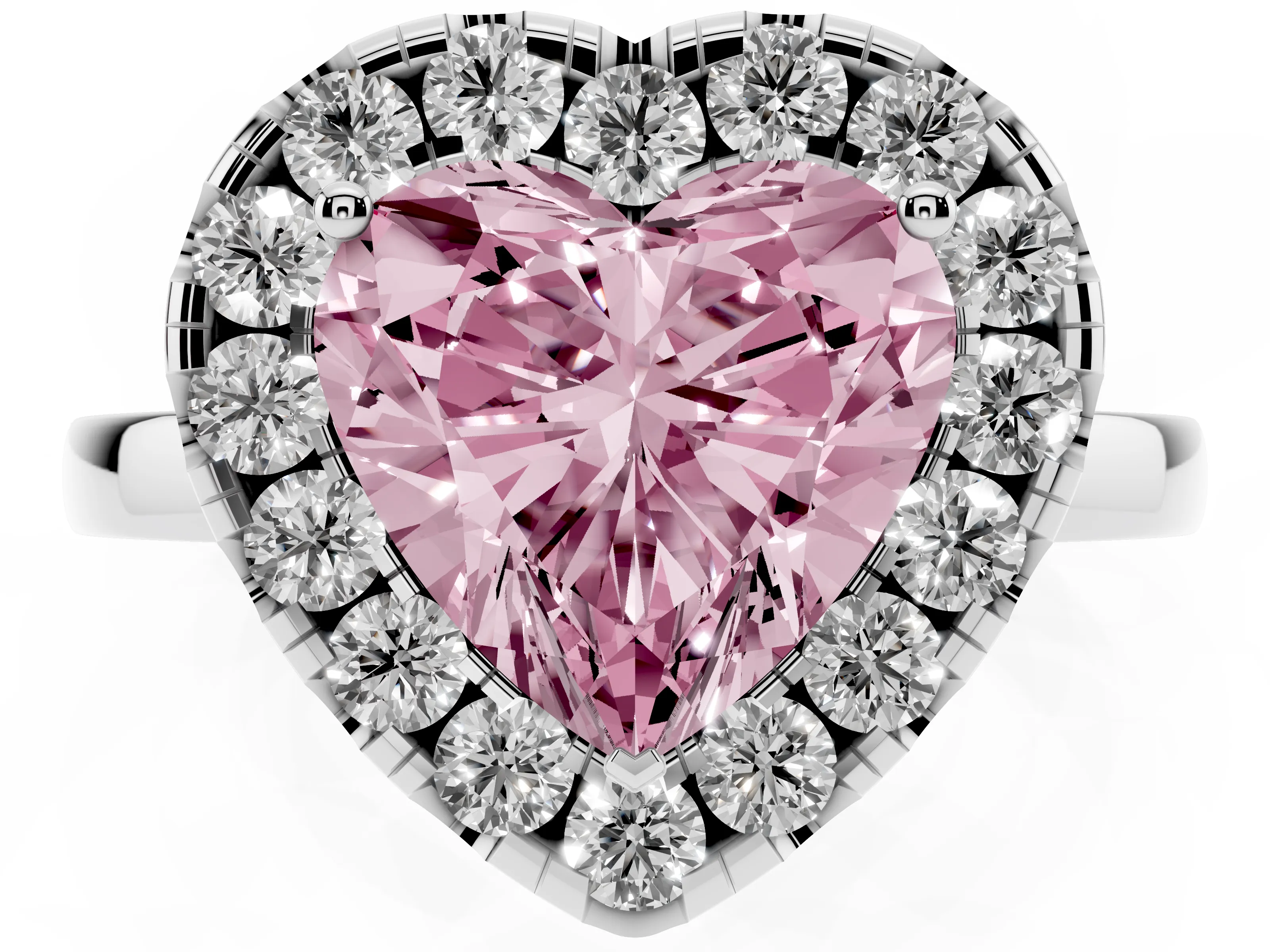Fancy Pink Heart Cut Diamond Halo Solitaire Ring Set in Silver with Pavé Band and Prong Setting