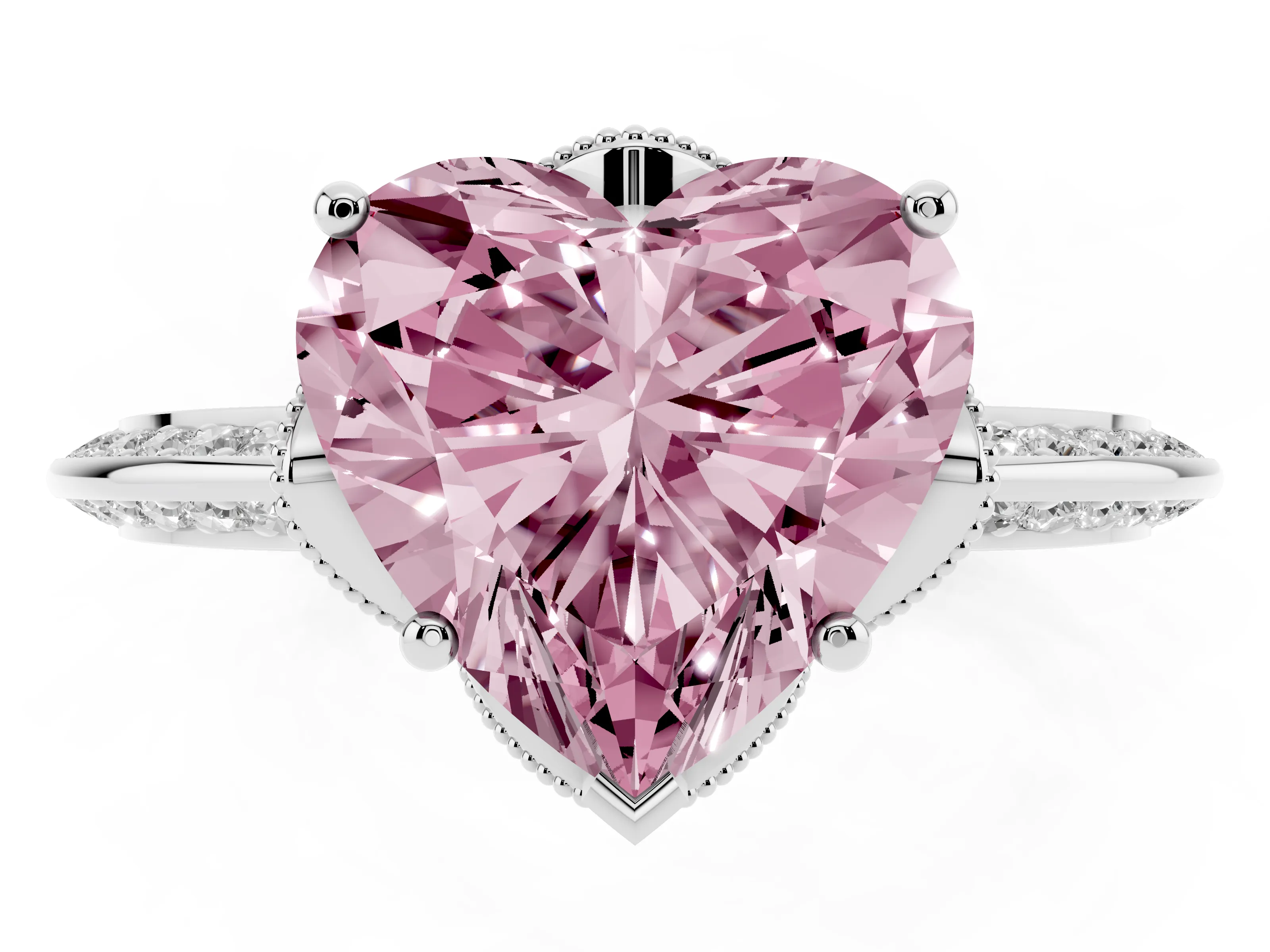 Fancy Pink Heart Cut Diamond Solitaire Engagement Ring Set in White gold with Pavé Split Shank and Prong Setting