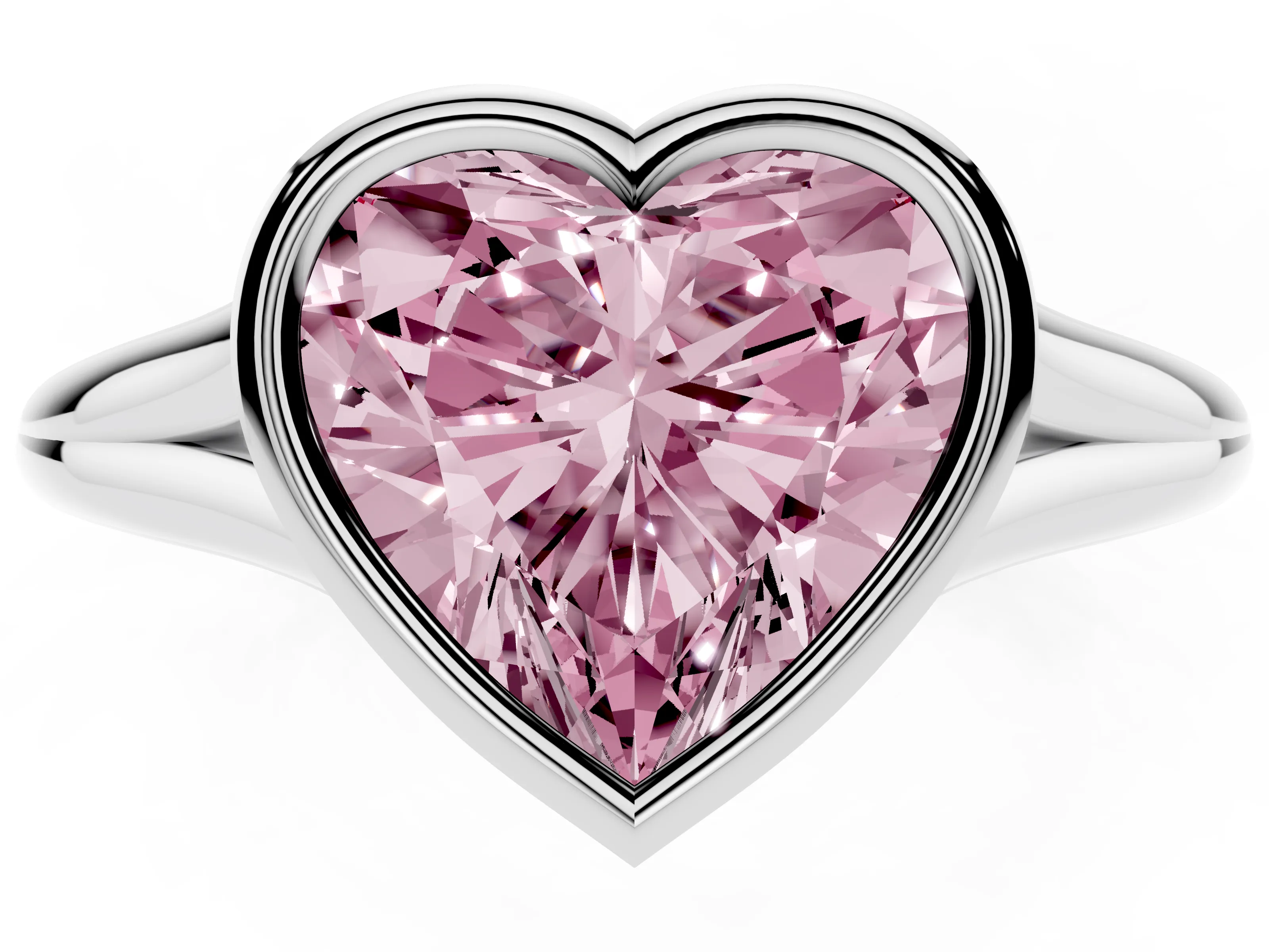 Fancy Pink Bezel Set Heart Cut Diamond Solitaire Ring Set in Platinum with Tapered Band