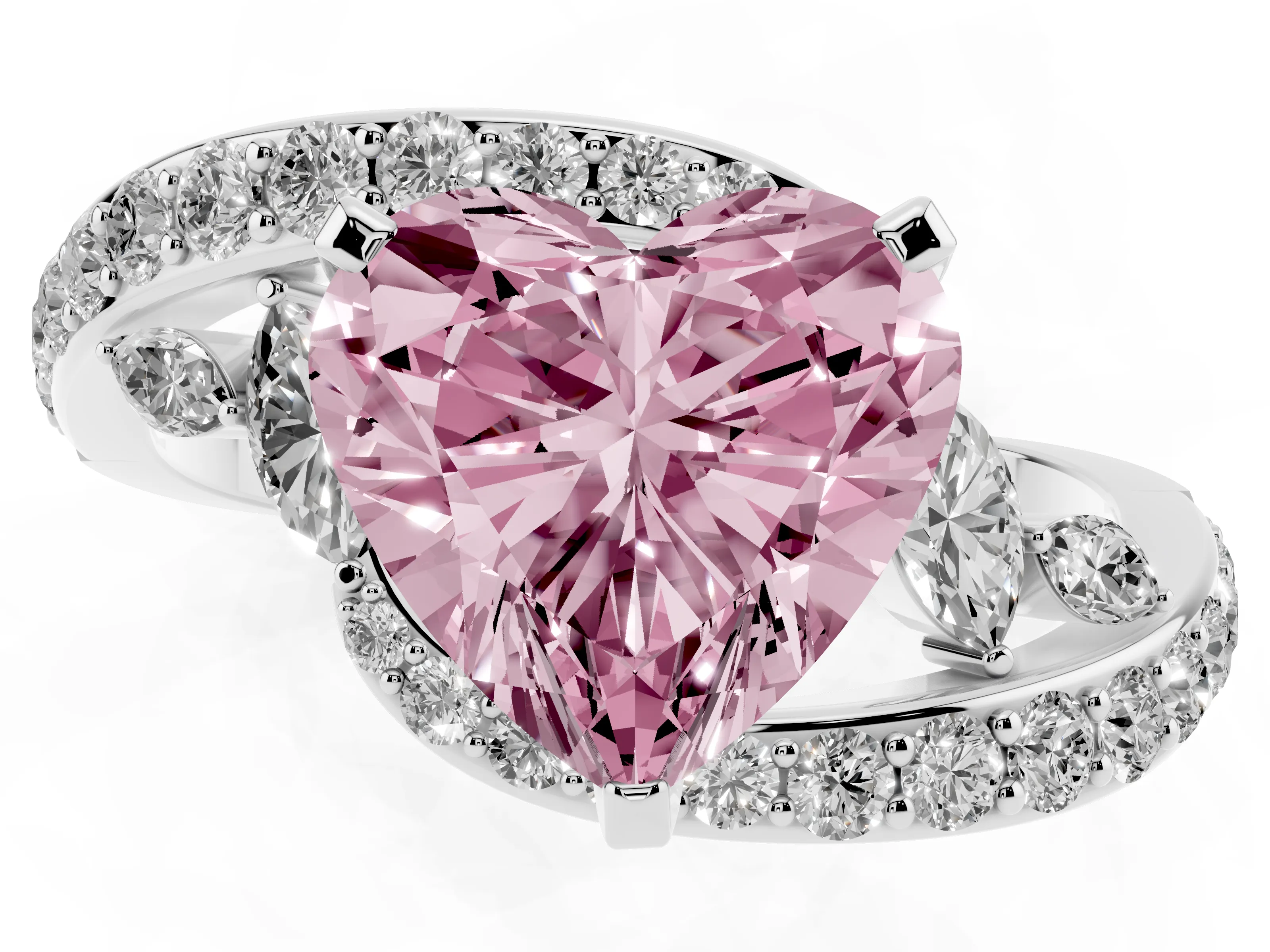 Fancy Pink Heart Cut Diamond Solitaire Ring Set in Platinum with Pavé Twist Band and Secure Prong Setting
