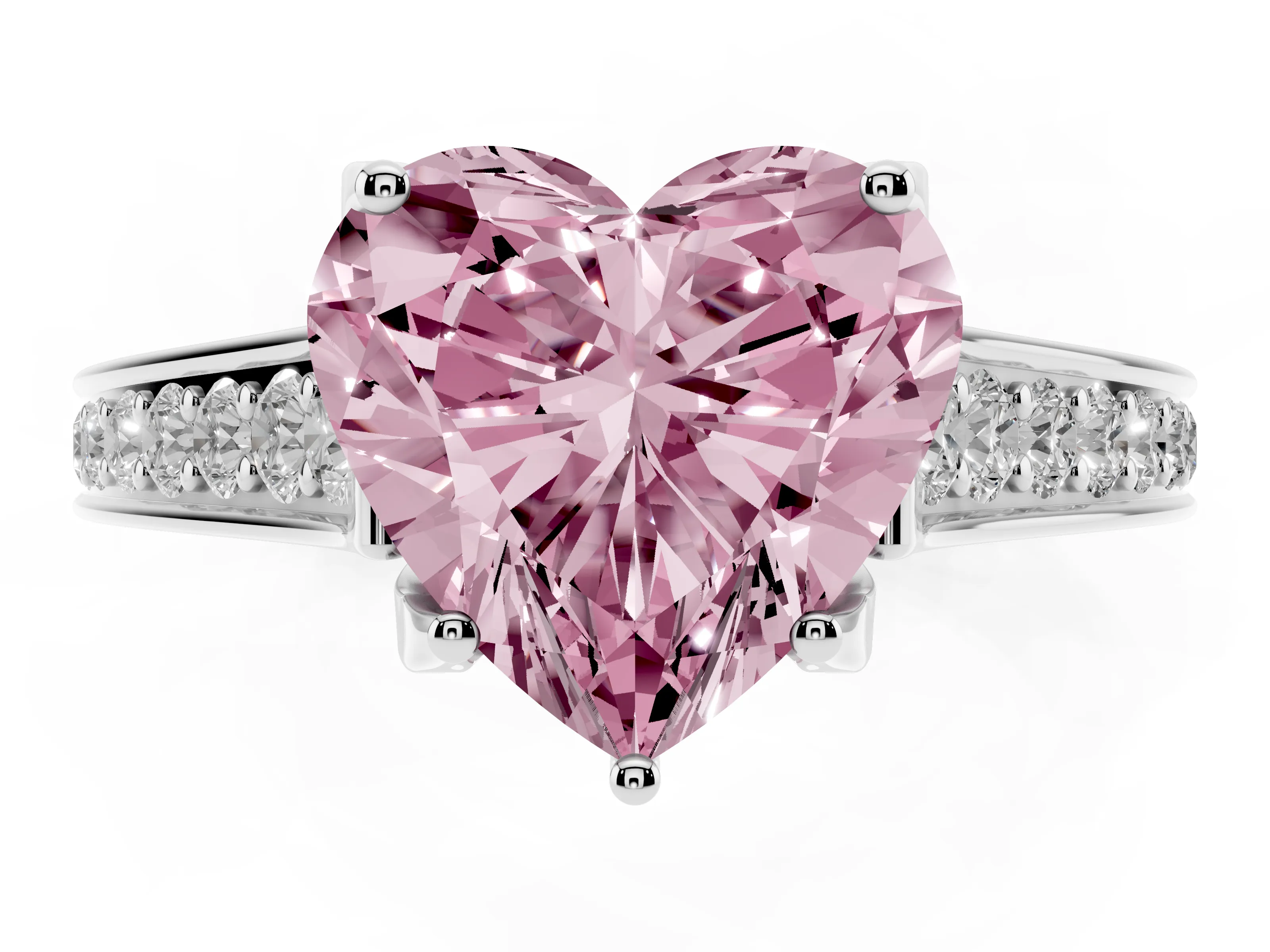 Fancy Pink Heart Cut Diamond Solitaire Pavé Engagement Ring Set in Platinum with Prong Setting