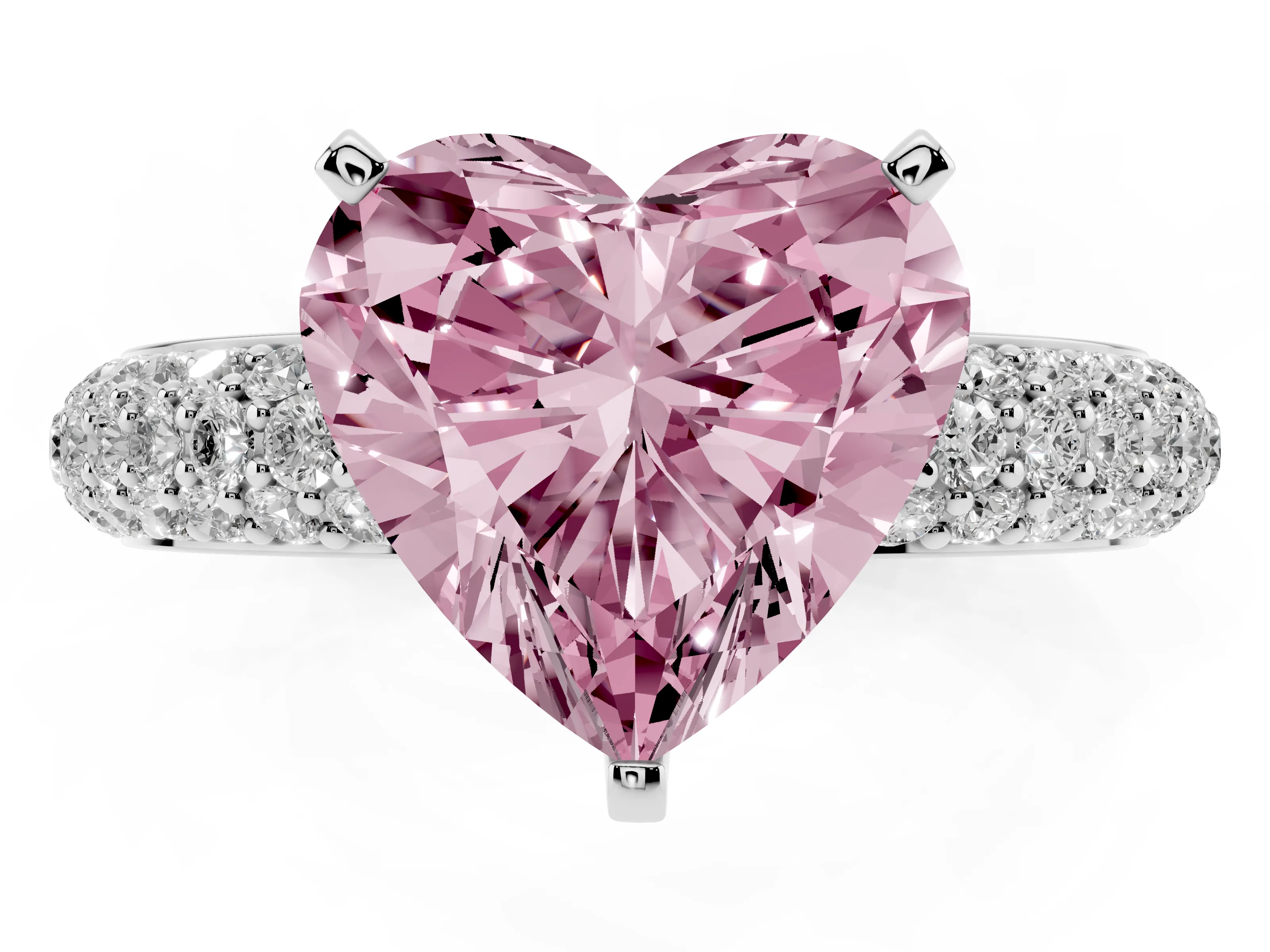 Fancy Pink Heart Cut Diamond Solitaire Ring Set in Silver with Prong Setting and Pavé-Set Band
