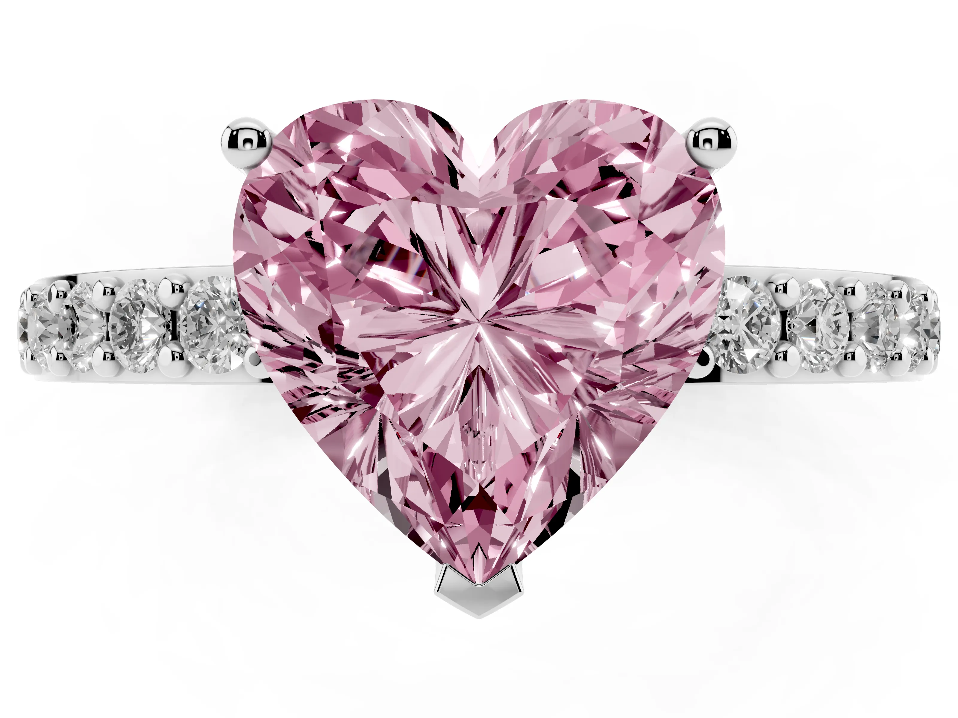 Fancy Pink Heart Cut Diamond Solitaire Set in White gold with Round Pavé Band and Prong Setting