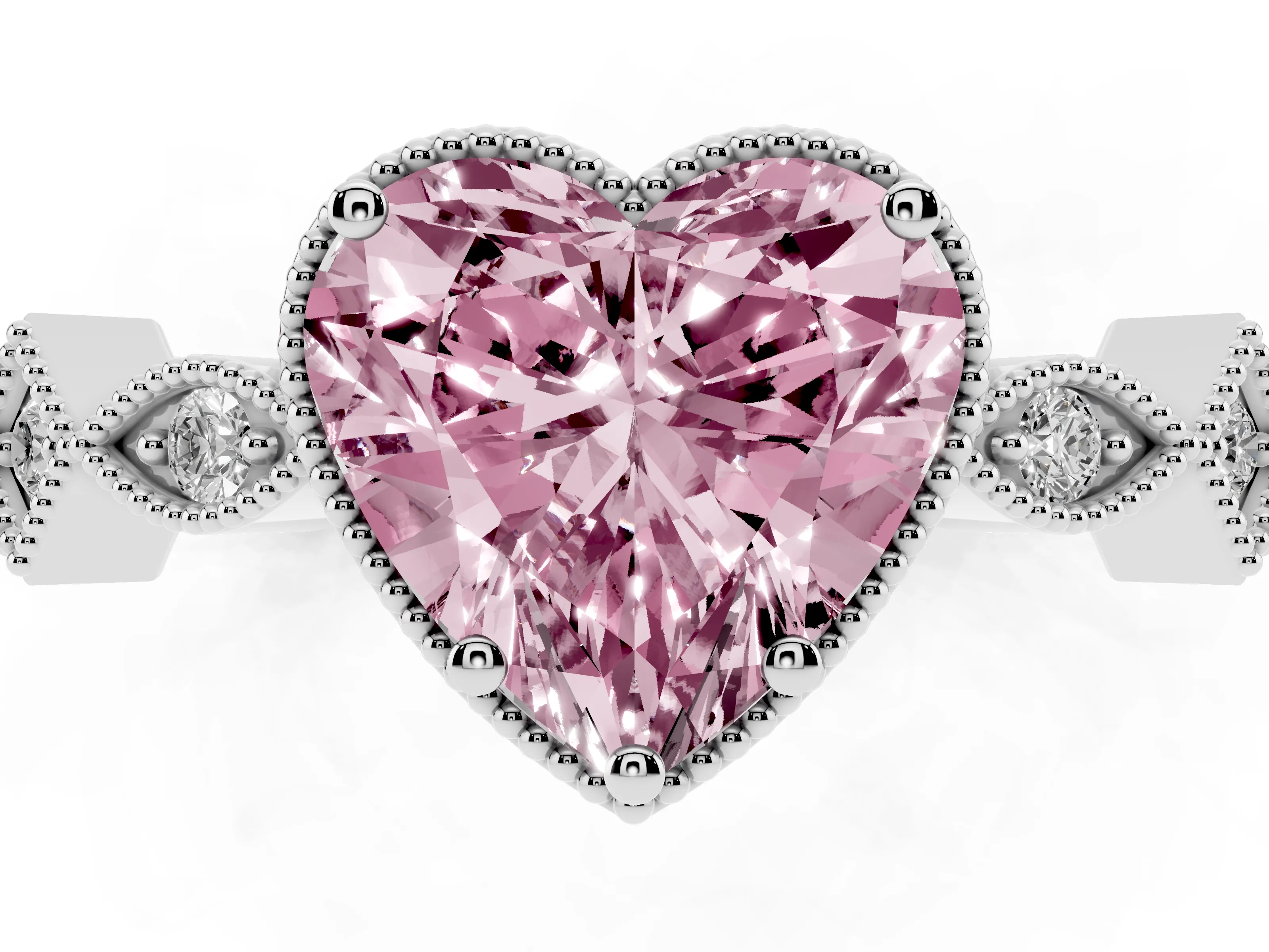 Fancy Pink Heart Cut Diamond Milgrain Marquise Twist Band Ring Set in White gold with Prong Setting