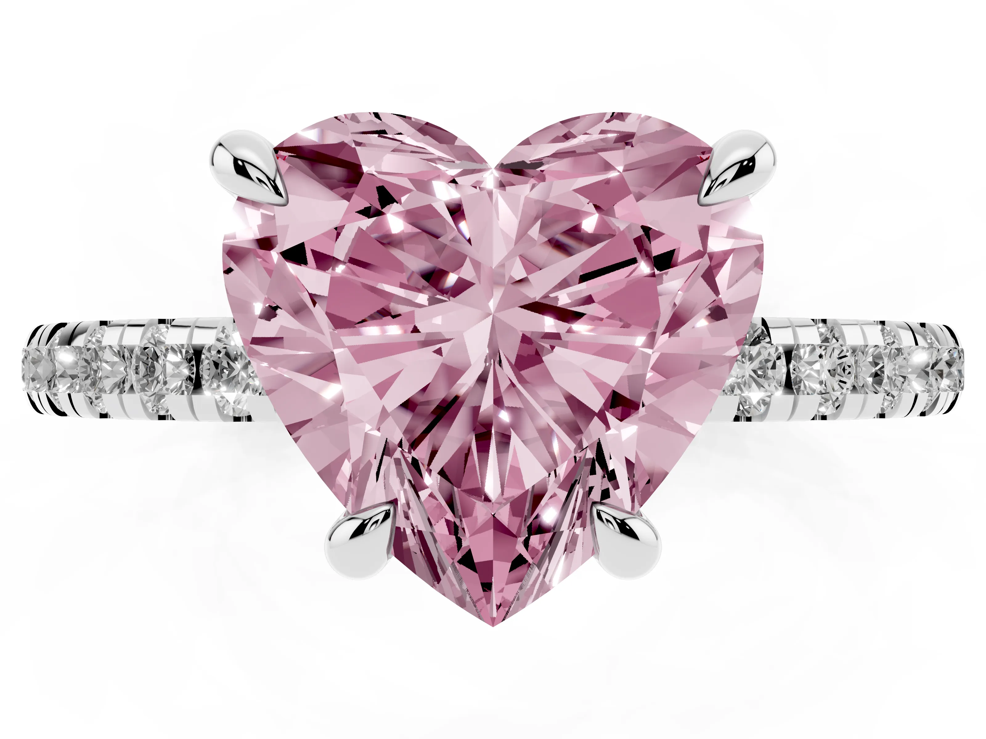 Fancy Pink Heart Cut Diamond Brilliant Solitaire Ring Set in White gold with Pavé Band and Prong Setting