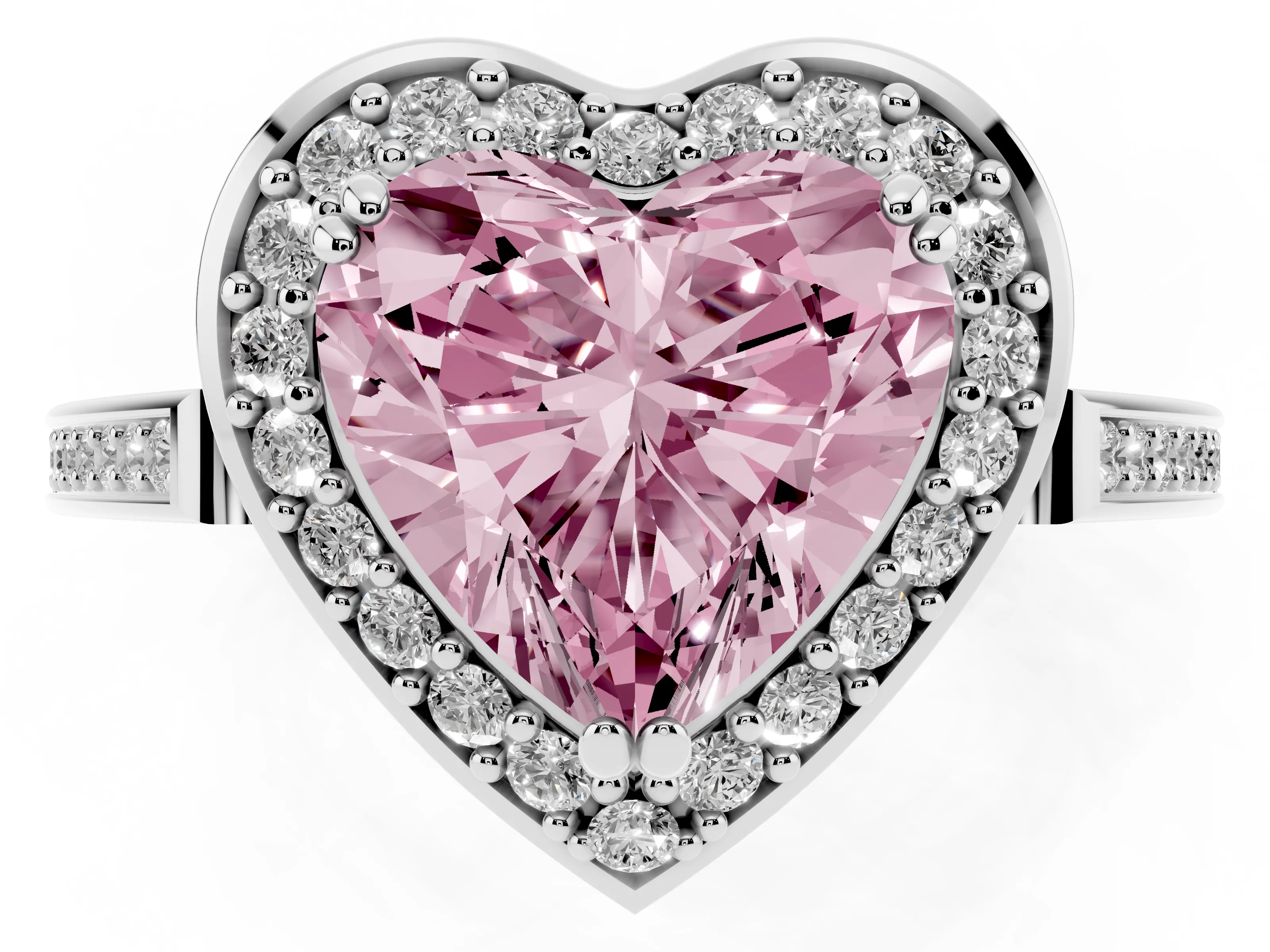 Fancy Pink Heart Cut Diamond Halo Ring Set in White gold with Accent-Lined Split Shank and Prong Setting