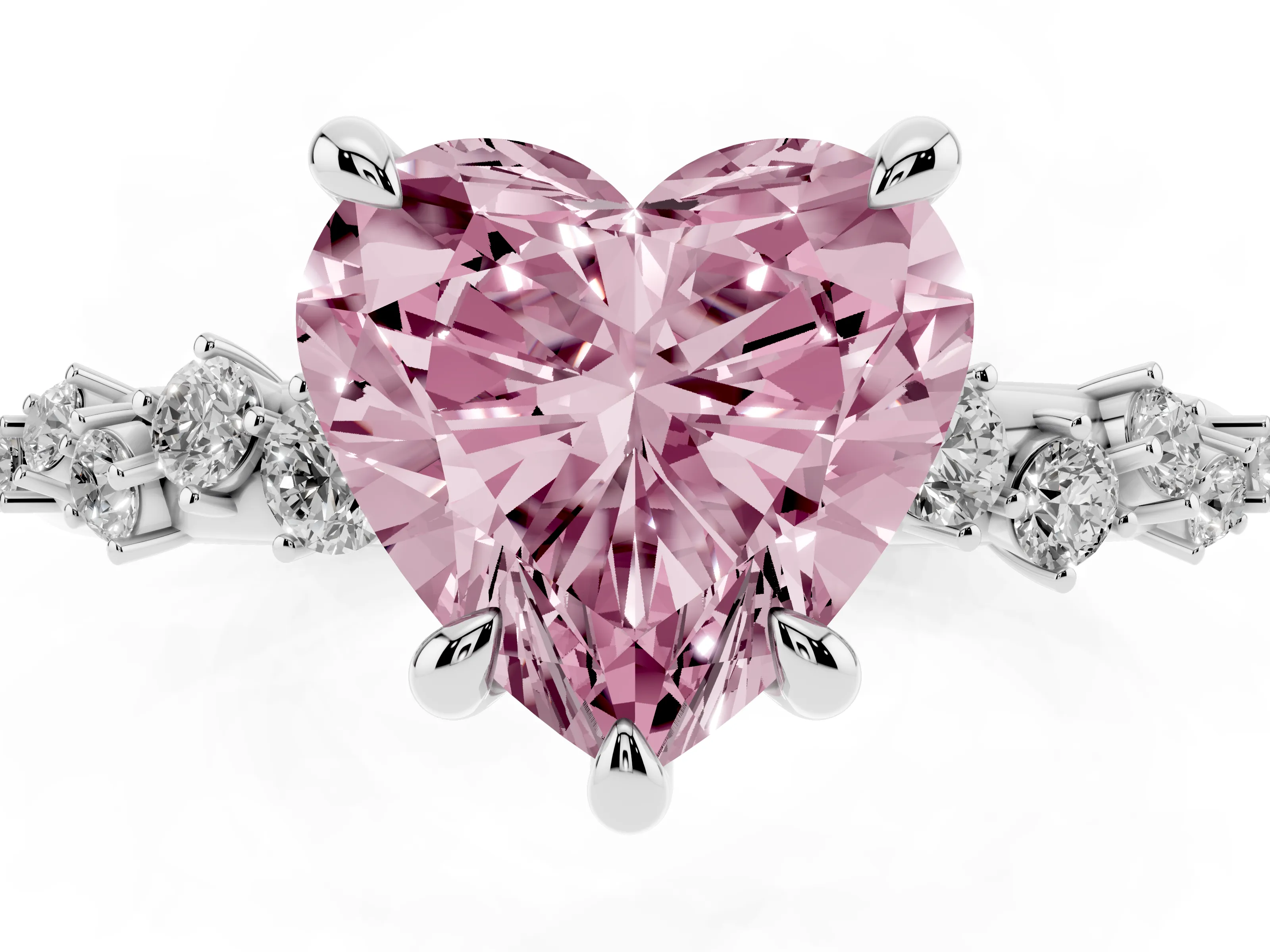 Fancy Pink Heart Cut Diamond Solitaire Vine Band Ring Set in Platinum with Round Accents and Prong Setting